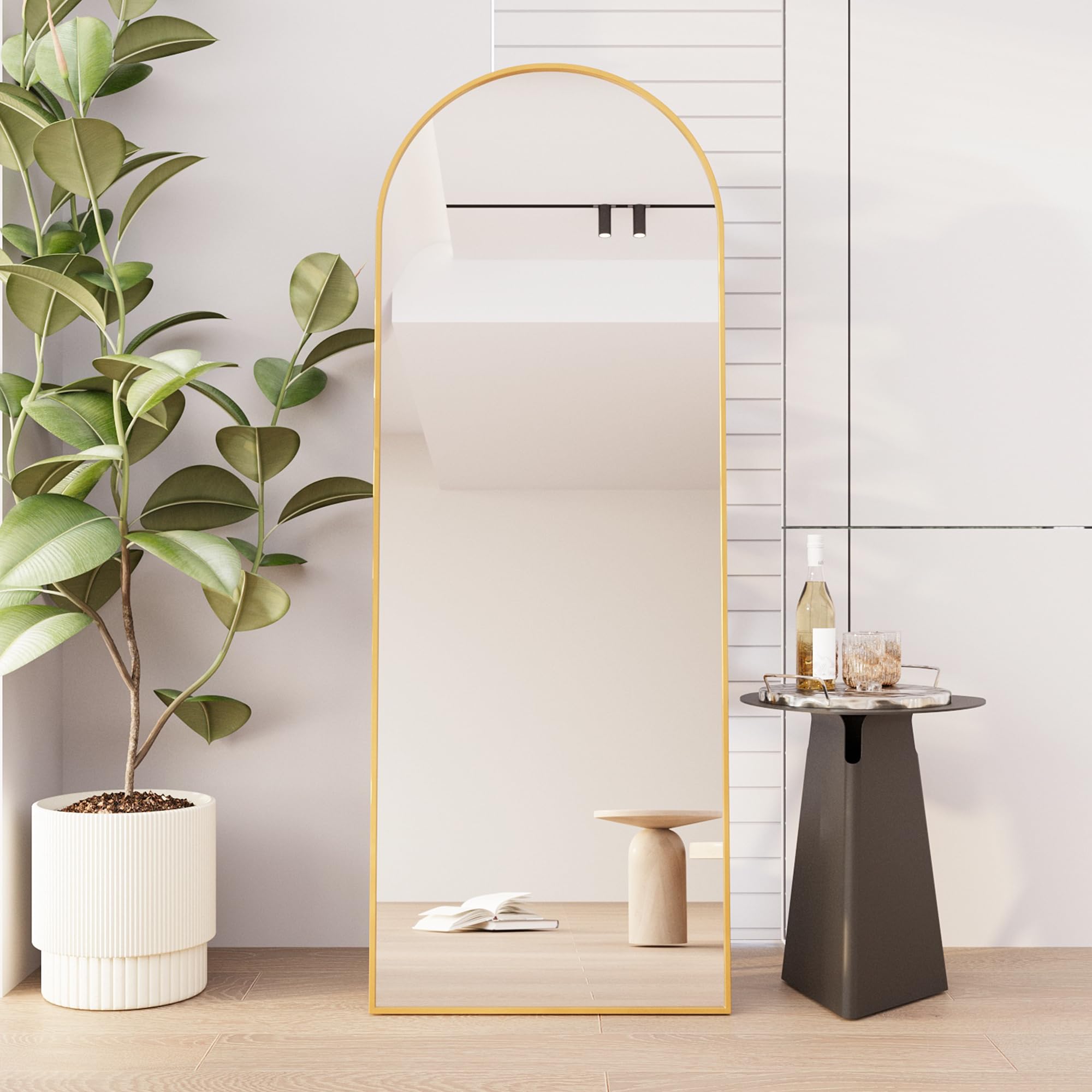 Miroir Sur Pied Pleine Longueur Arqué – 162 X 53 Cm – Cadre Métal Doré Ou Noir – Installation Murale Ou Debout