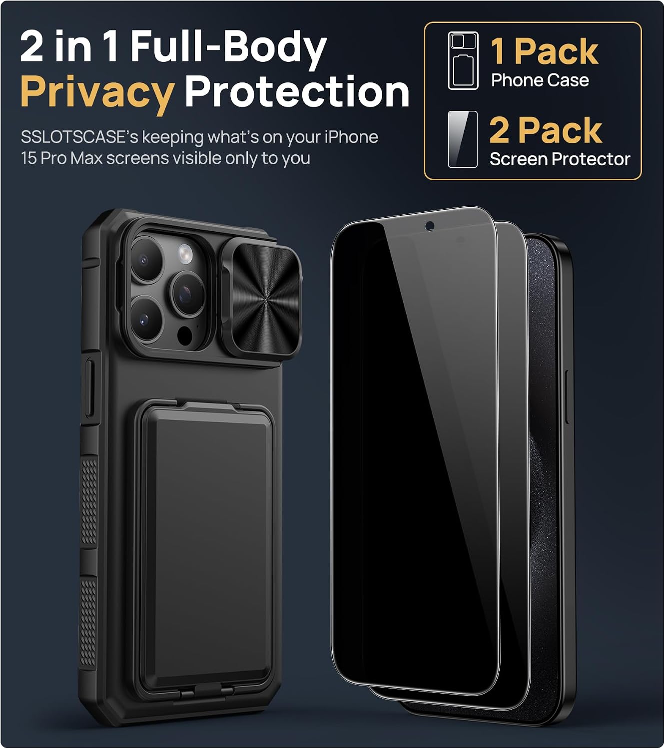SSLOTSCASE for iPhone 15 Pro Max Case with 2X Privacy Screen Protector, Card Holder & Kickstand & Slide Camera Lens Cover & Camera Stand, Military-Grade Phone Case Cover for iPhone 15 Pro Max, Black