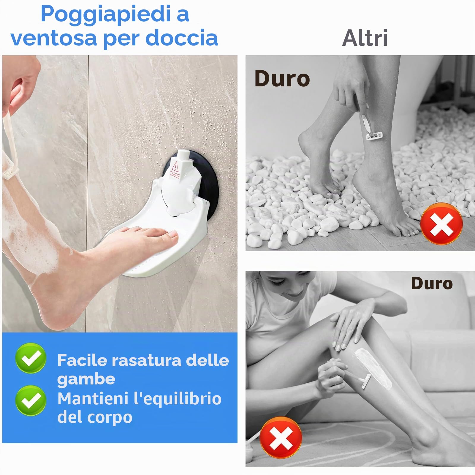 Poggiapiedi doccia per gambe da barba con ventosa industriale aggiornata, adatto solo per pareti lisce e non porose e più grandi da 13 cm, bianco, confezione da 1