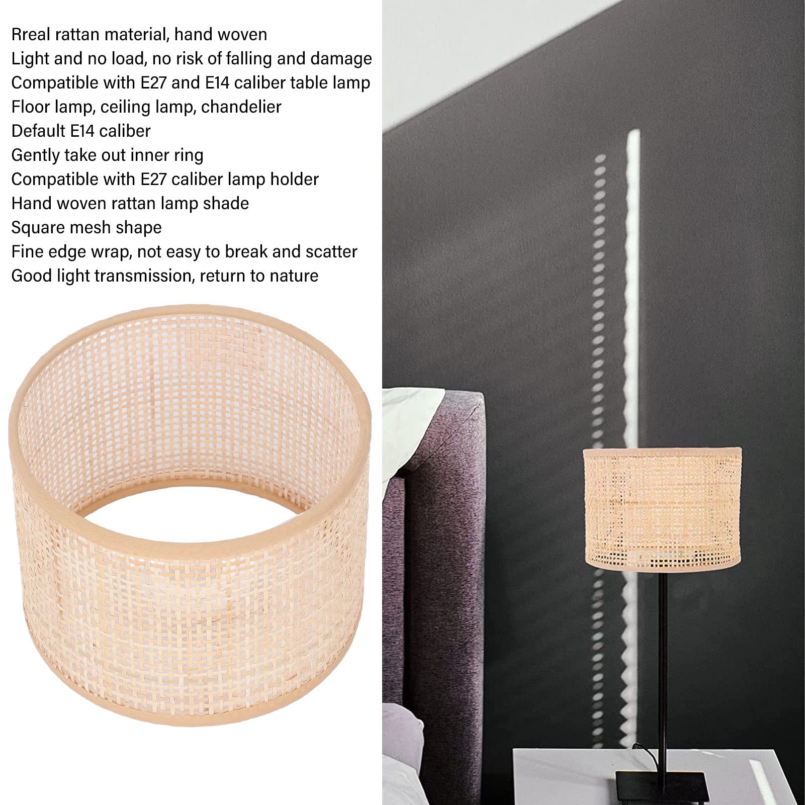 Pantalla de Lámpara Pequeña de Mimbre Tejido a Mano – 16x12x16cm, Compatible con Portalámparas E27/E14, Decoración Rústica para Lámpara de Mesa