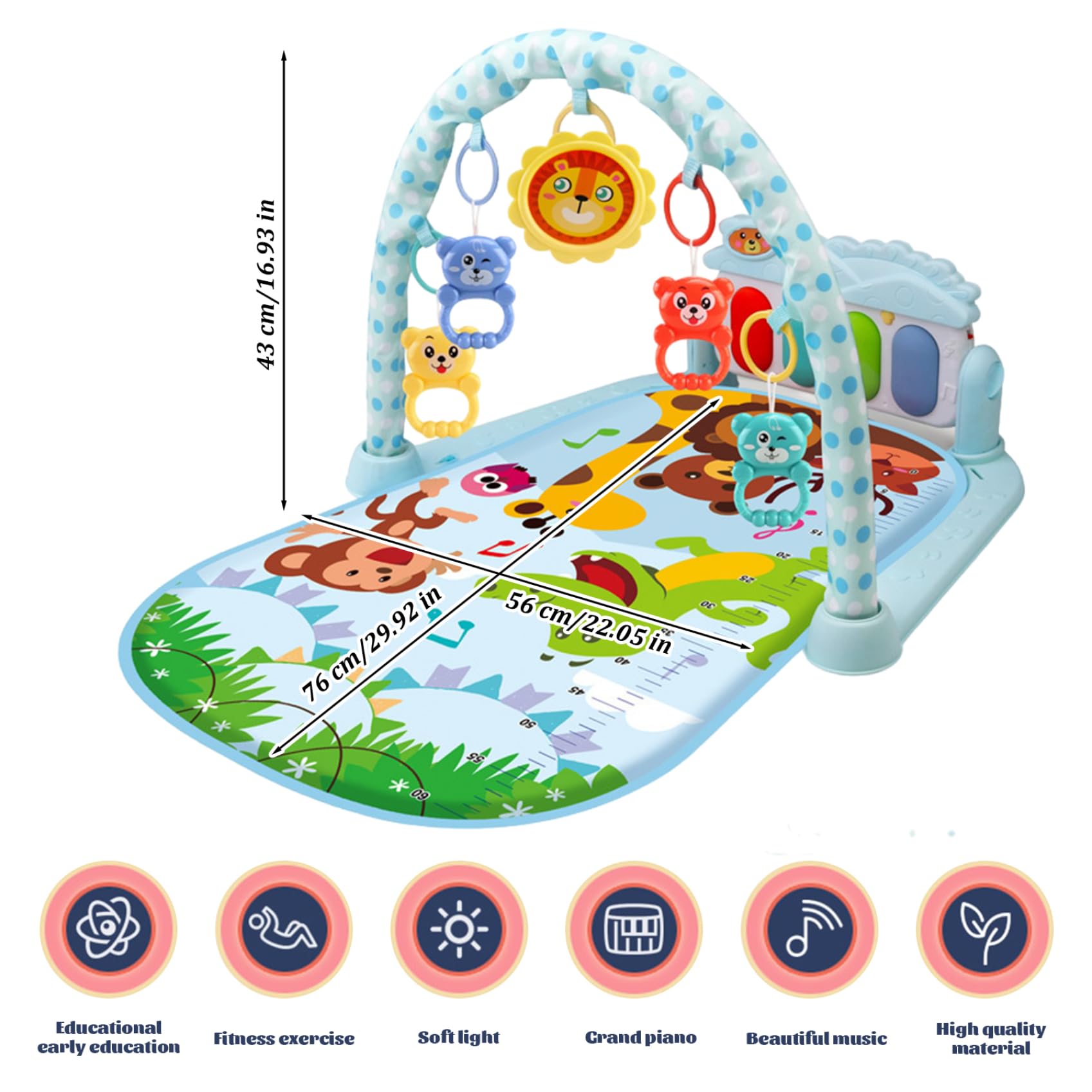 Centro attività per Bambini con Musica e Luce Tappetino da Gioco Divertente Sicuro e Rimovibile con Pendente a sonaglio tavola Regolabile per Neonati Bambini Piccoli, Senza Batteria, Blu