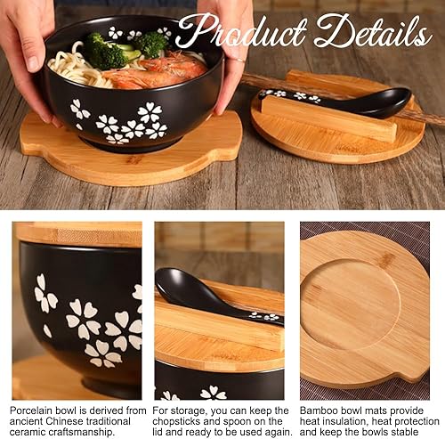 Miniatura 3 de Tazón de cerámica para ramen Sakura (33.8 fl oz) con tapa, cuchara, palillos, bandeja de bambú, estilo tradicional japonés, color negro