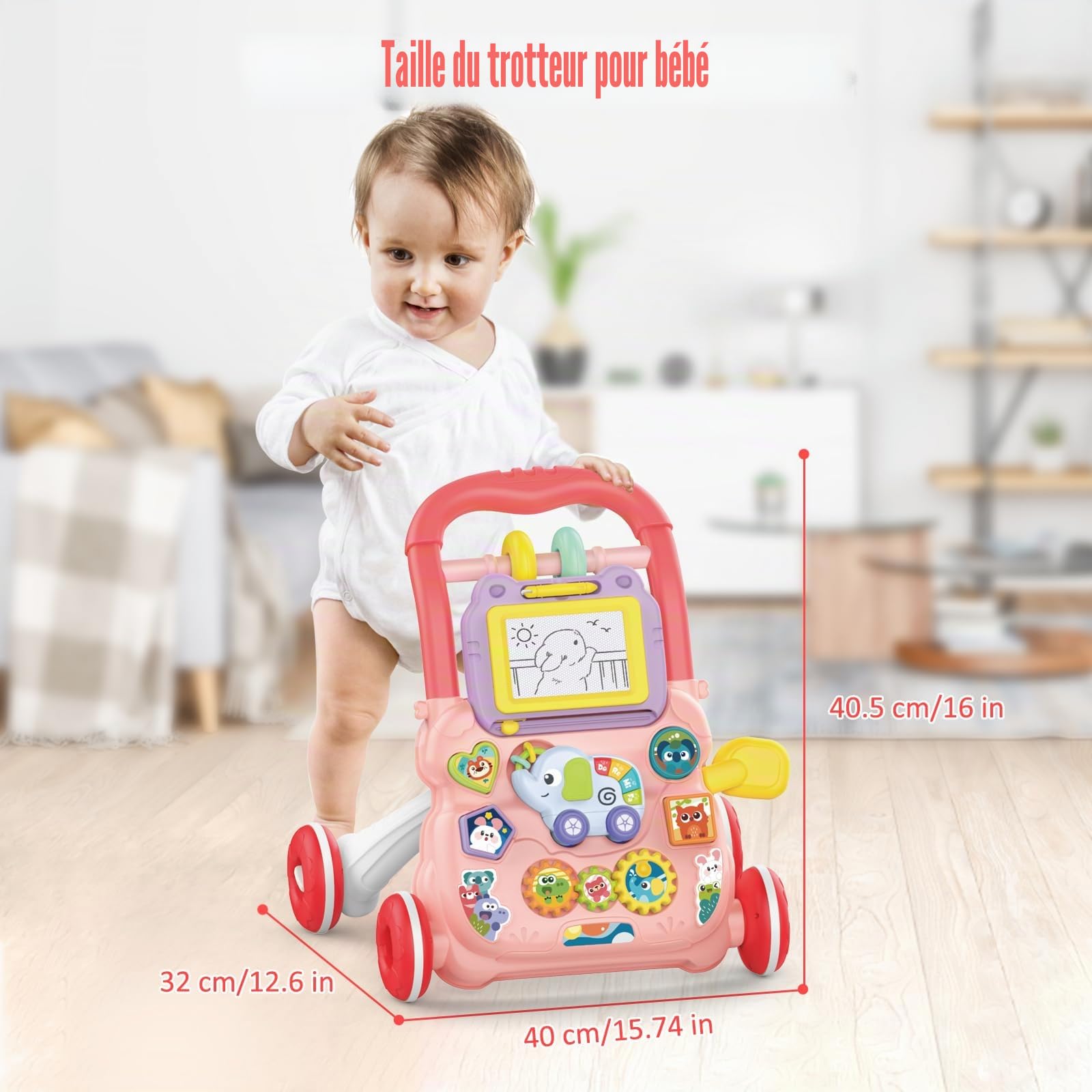 Marcheur D'apprentissage Assis-Debout, Jouet 2 En 1 Pousser pour Bébé avec Musique et Tableau de Dessin, Centre D'activités Éducatives Multifonctionnel pour Enfants Filles Garçons 12M+ (Rose)