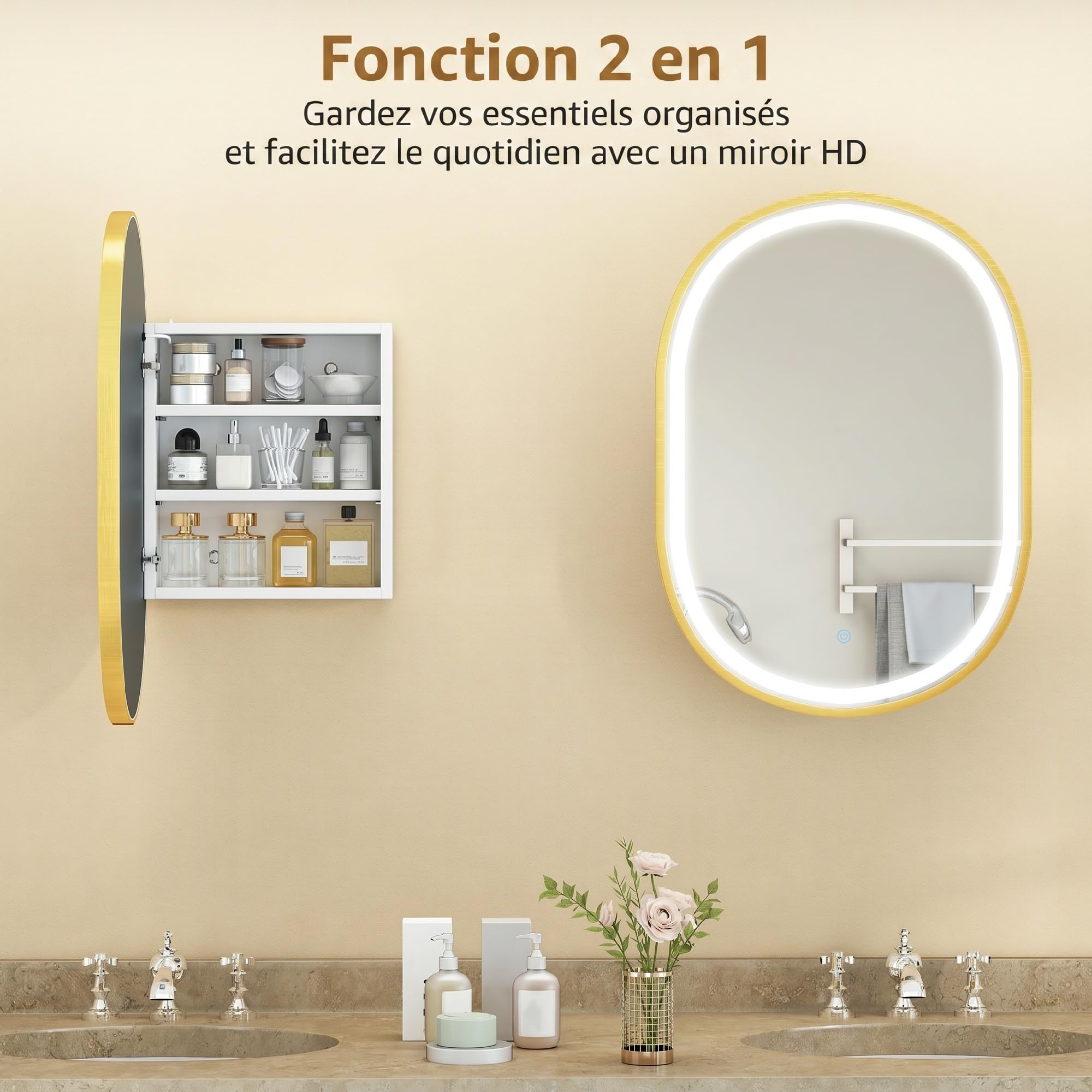 HOMCOM Armoire Murale Salle de Bain avec Miroir et Éclairage LED, 50x14,5x70cm, Meuble Salle de Bain à Porte Ovale Alliage d'Aluminium, Anti-Buée, 3 Températures de Lumière, Étagères Réglables, Doré