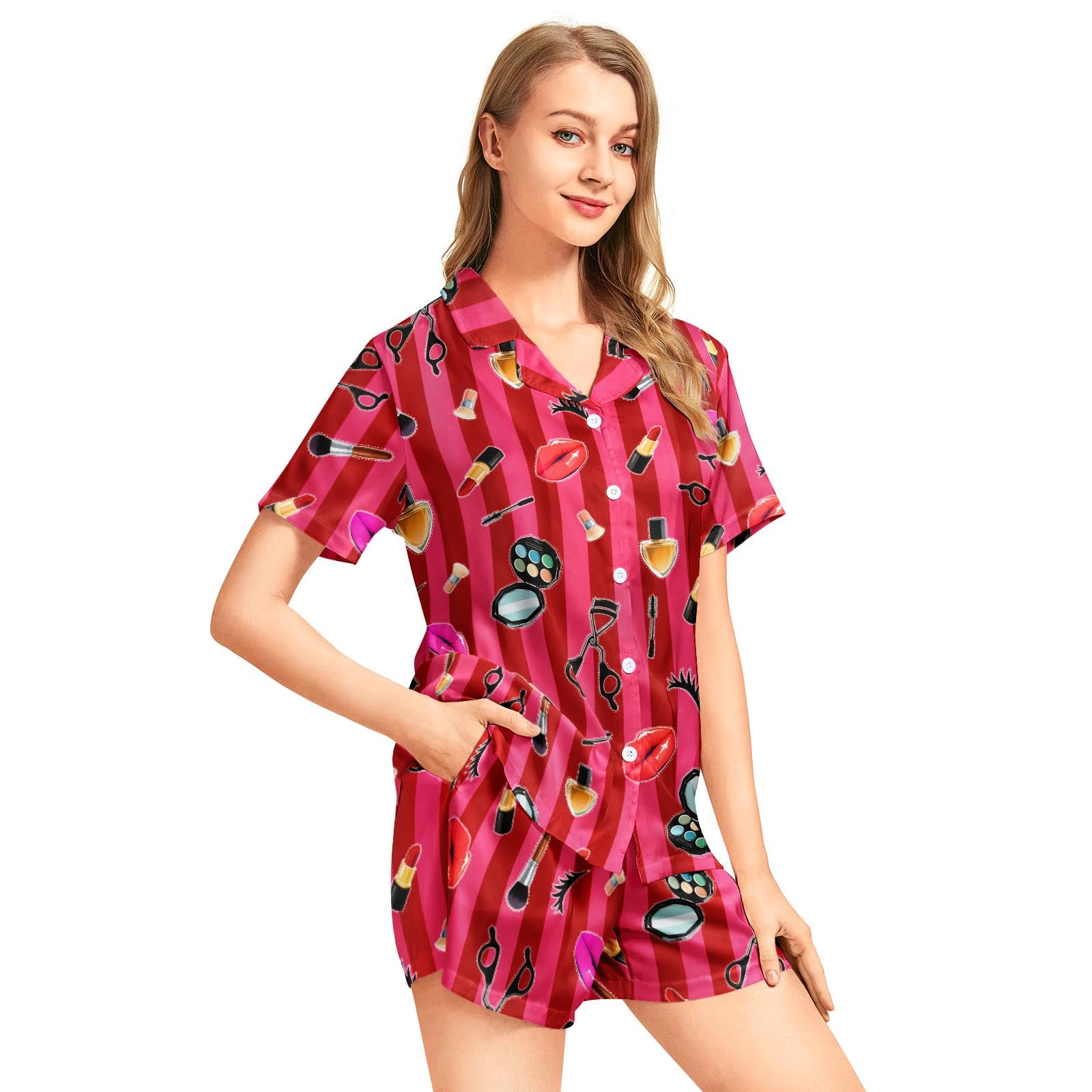 Funny Pajamas for Women Set Print Satin Loungewear Pjs Short Sleeve Button Down Top and Shorts Sets Sleepwear XS-3XL