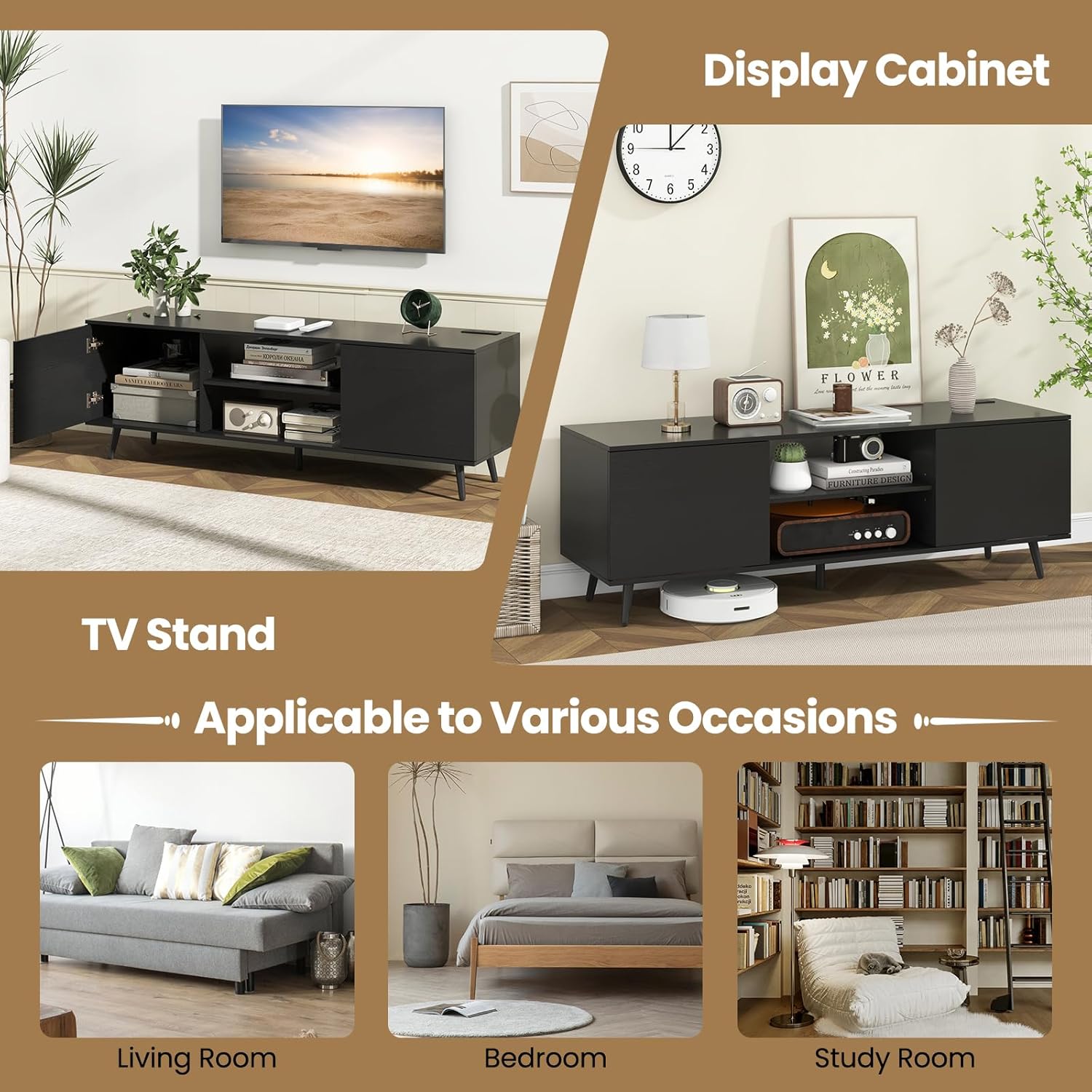 Giantex TV Stand with Power Outlet for TVs up to 60'', Entertainment Center with Cable Hole, Cabinets, Adjustable Shelf, Modern Media Console, Television Stands for Living Room Bedroom (Black)