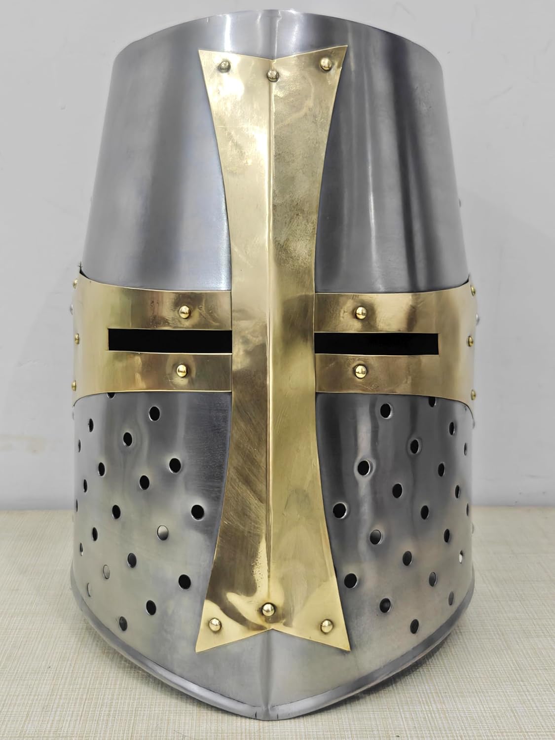 Medieval Crusader Great Helm, Knight Templar Replica Helmet, Silver and Brass Finish, Adult Costume Armor
