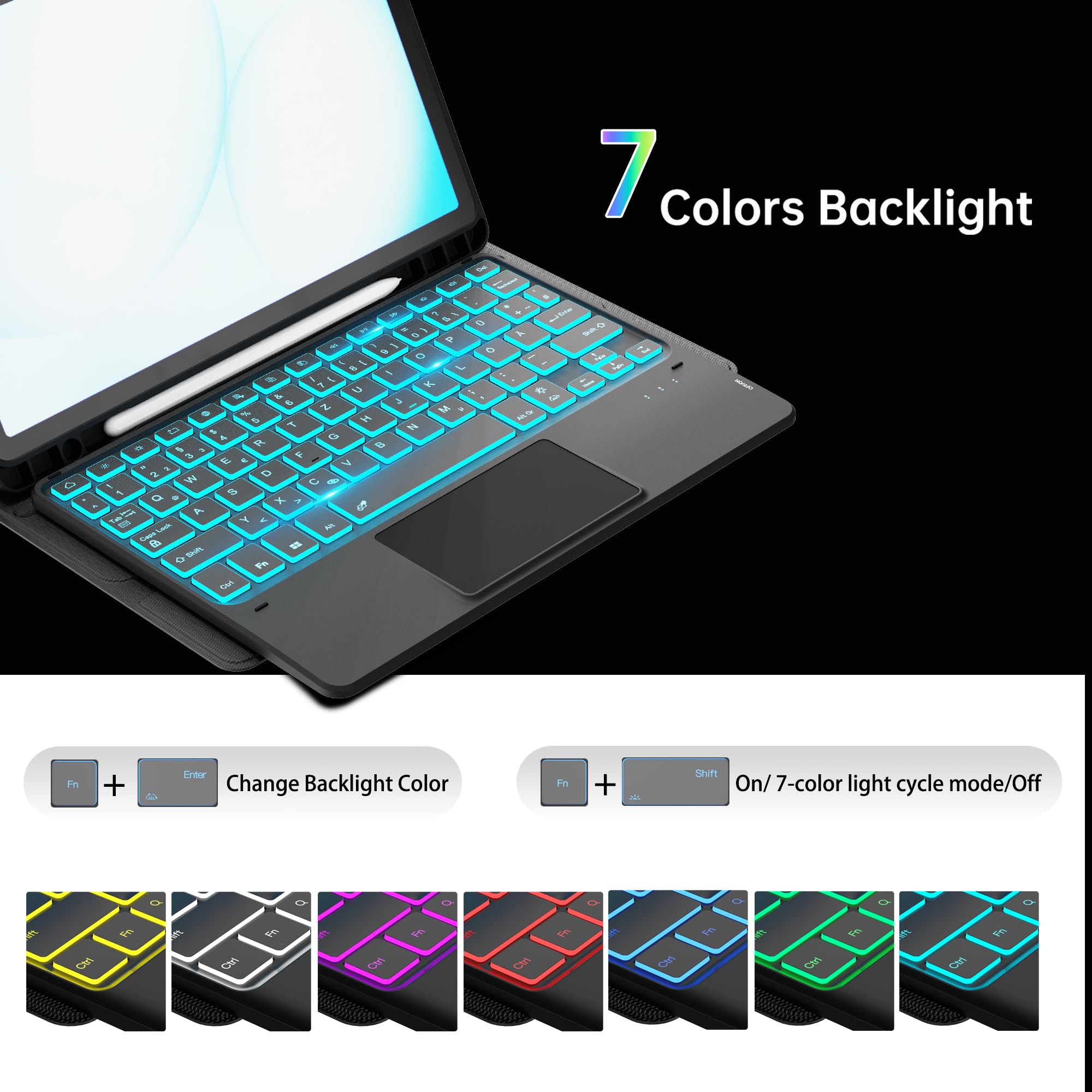ROOFEI Für Galaxy Tab A11+/A9+ Hülle mit Tastatur Deutsches QWERTZ Layout | 7 Farben Beleuchtung | Magnetische Abnehmbare Trackpad Tablet Cover | Beleuchtete Tastatur für Tab A9 Plus/A11 Plus 11"