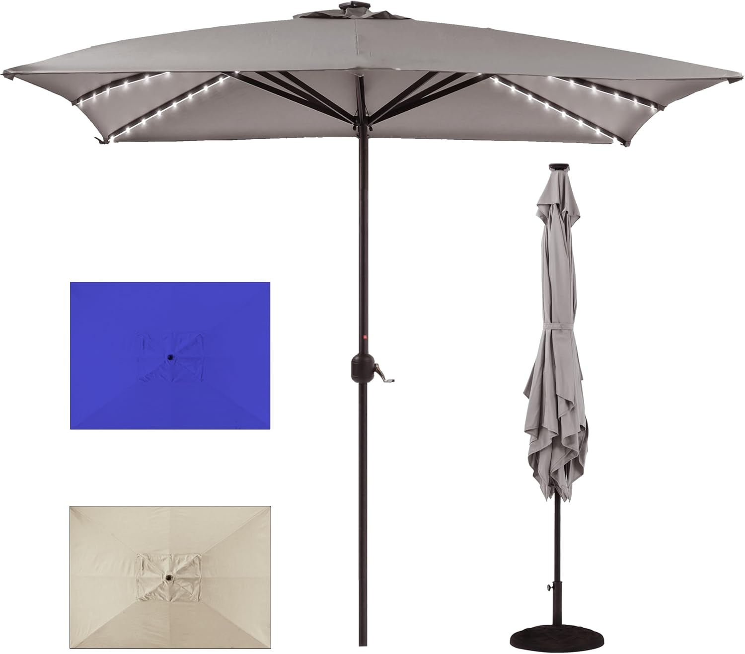 Freetime Fun Rectangular Patio Umbrella 10 ft Heavy Duty Patio Table Umbrella With Crank Lift Solar Lights, Super Thick Windproof Pole with UV-Resistant Shade 8x10FT