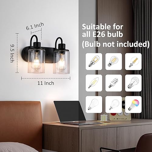 Miniatura 2 de Lámpara de baño negra mate sobre espejo, lámpara de tocador de baño de 2 luces con pantalla de vidrio transparente, apliques de pared modernos de