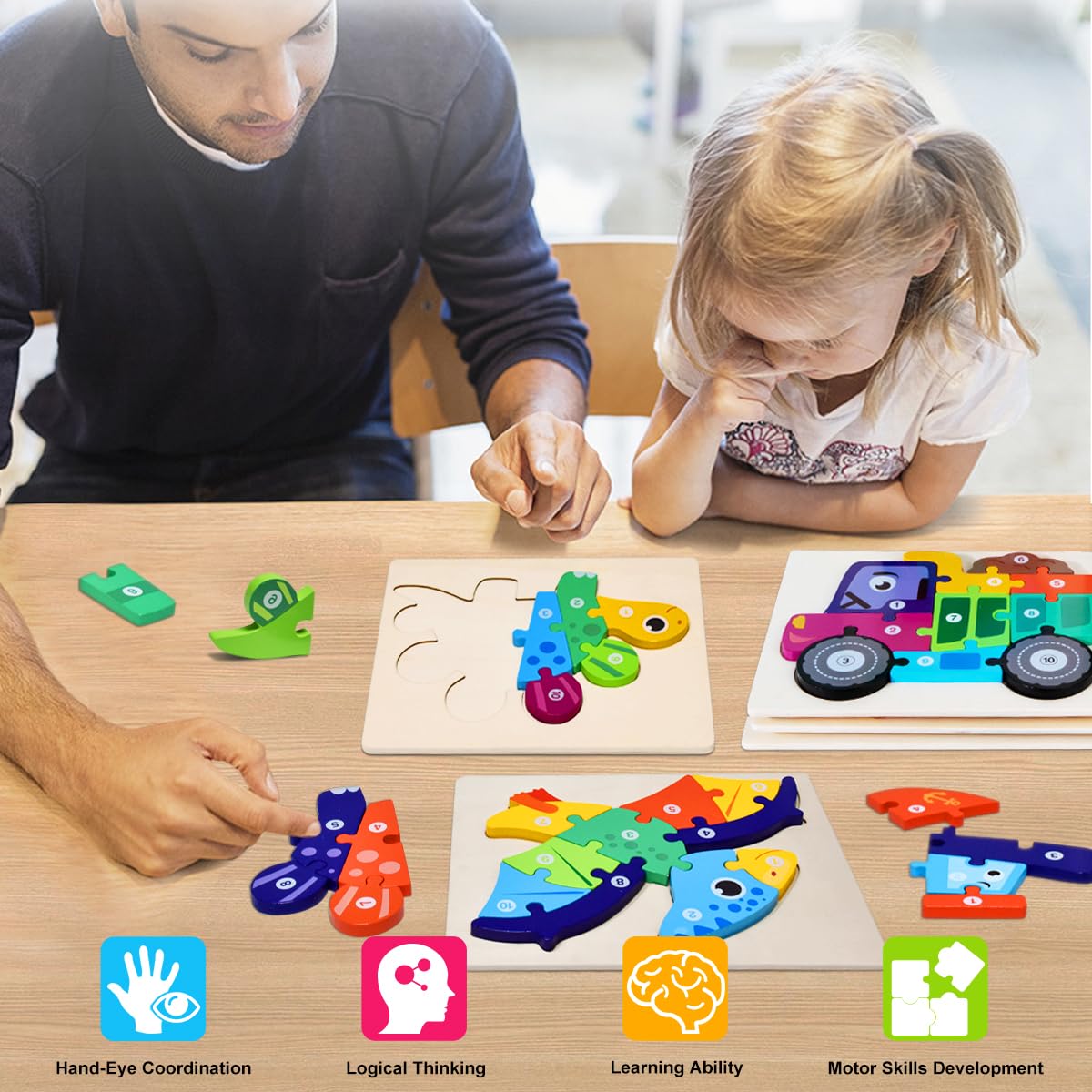 Puzzles en bois Montessori pour enfants 2-4 ans, 4 pièces, cadeau garçons filles dinosaure bateau