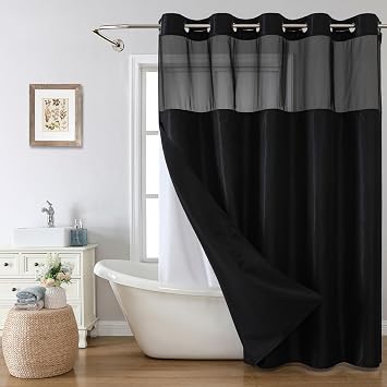 eachope Black No Hook Shower Curtain with Snap-in Fabric Liner Set,Waffle Weave Shower Curtains for Bathroom,Hotel Luxury Decor Bathroom Curtain Set,Waterproof & Washable,71Wx74H