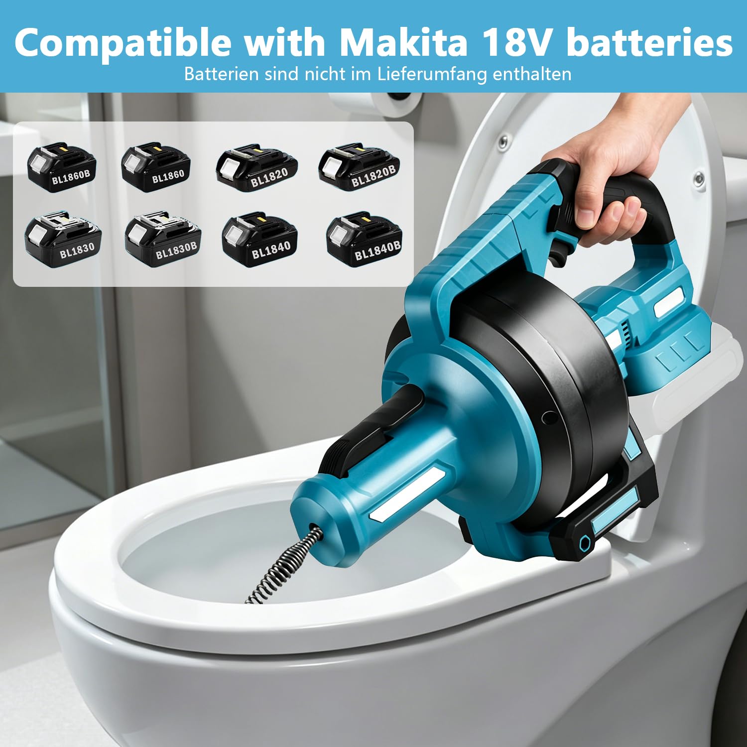Akku Rohrreinigungsmaschine für Makita Batterie, Elektrisch Rohrreinigungsspirale Abflussreiniger für Ø20-75mm Küche Bad Toilette Rohrleitung mit 7m Automatisch Einziehbarem Stahlspiralenkabel