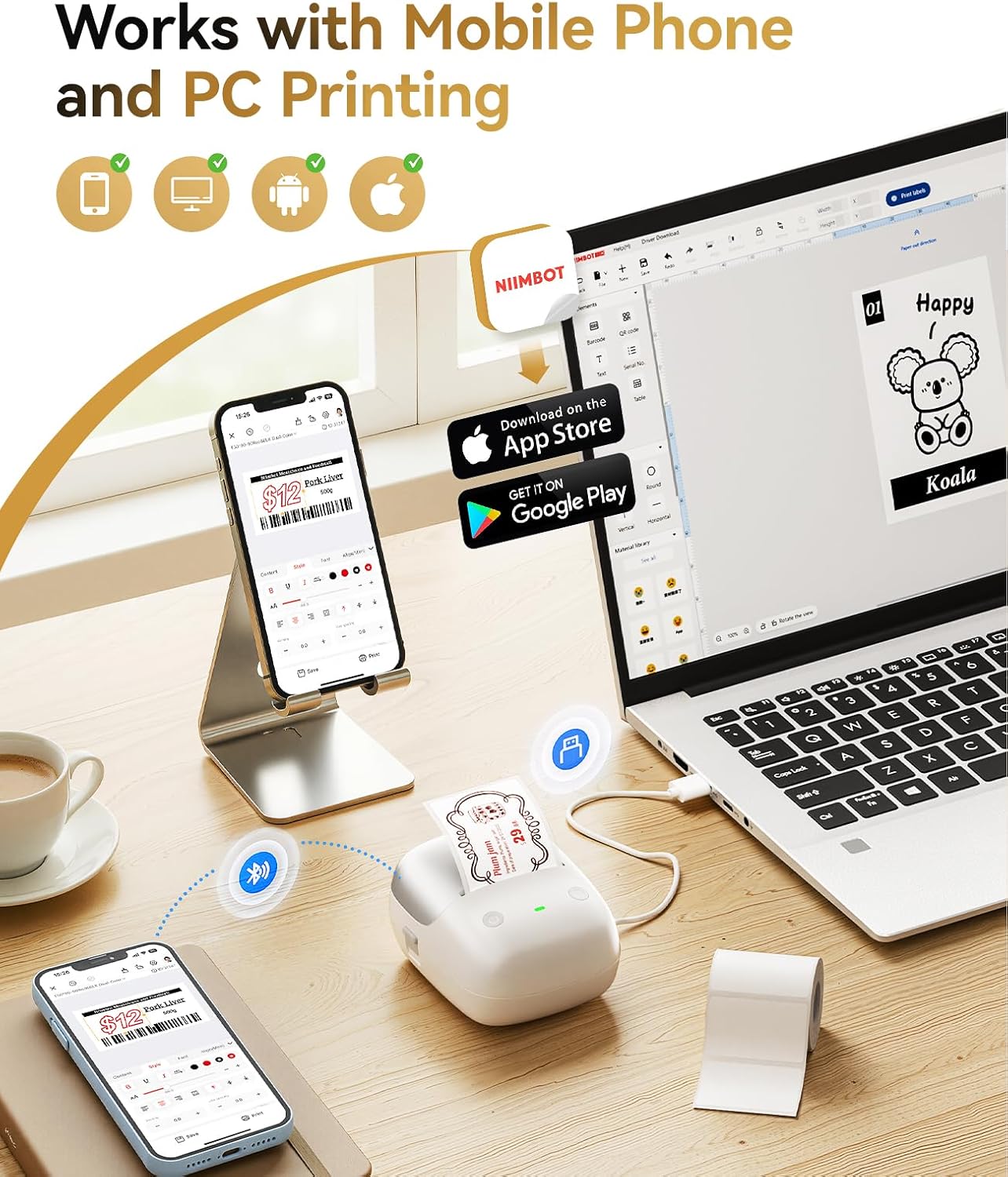 NIIMBOT B2 Pro Label Maker Machine(Silver) with 50x80mm Red&Black Kraft Labels, 300DPI Sticker Printer Portable Bluetooth Label Printer, for Photo Sticker, DIY Crafts, Study Notes, Gift, Journal Label