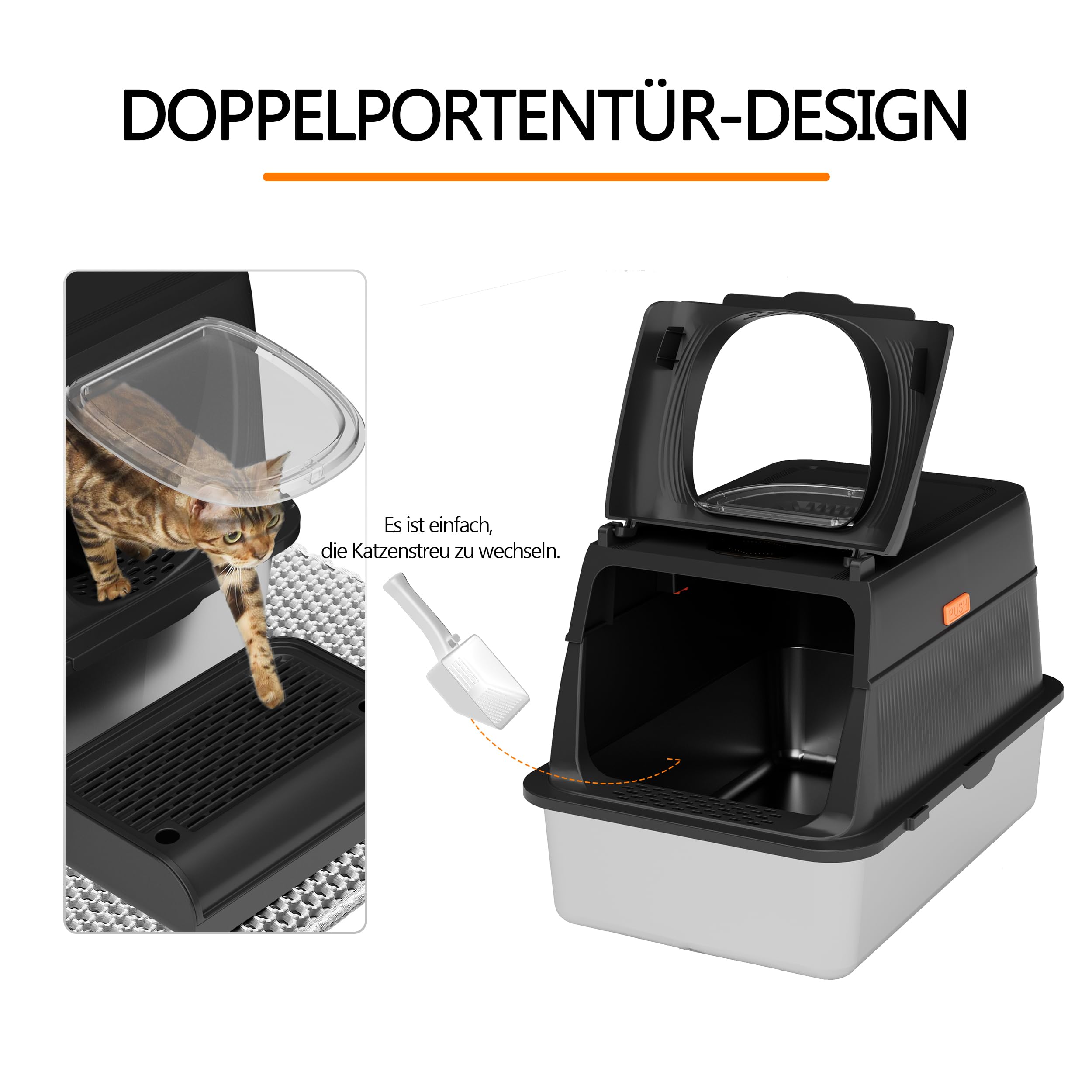 Citylife Arenero para Gatos Cubierto de Acero Inoxidable, Arenero Grande XXL para Gatos con Pala y Estera de Doble Capa, Que es sin Olor y fácil de limpiarperior, para Varios Gatos, Negro