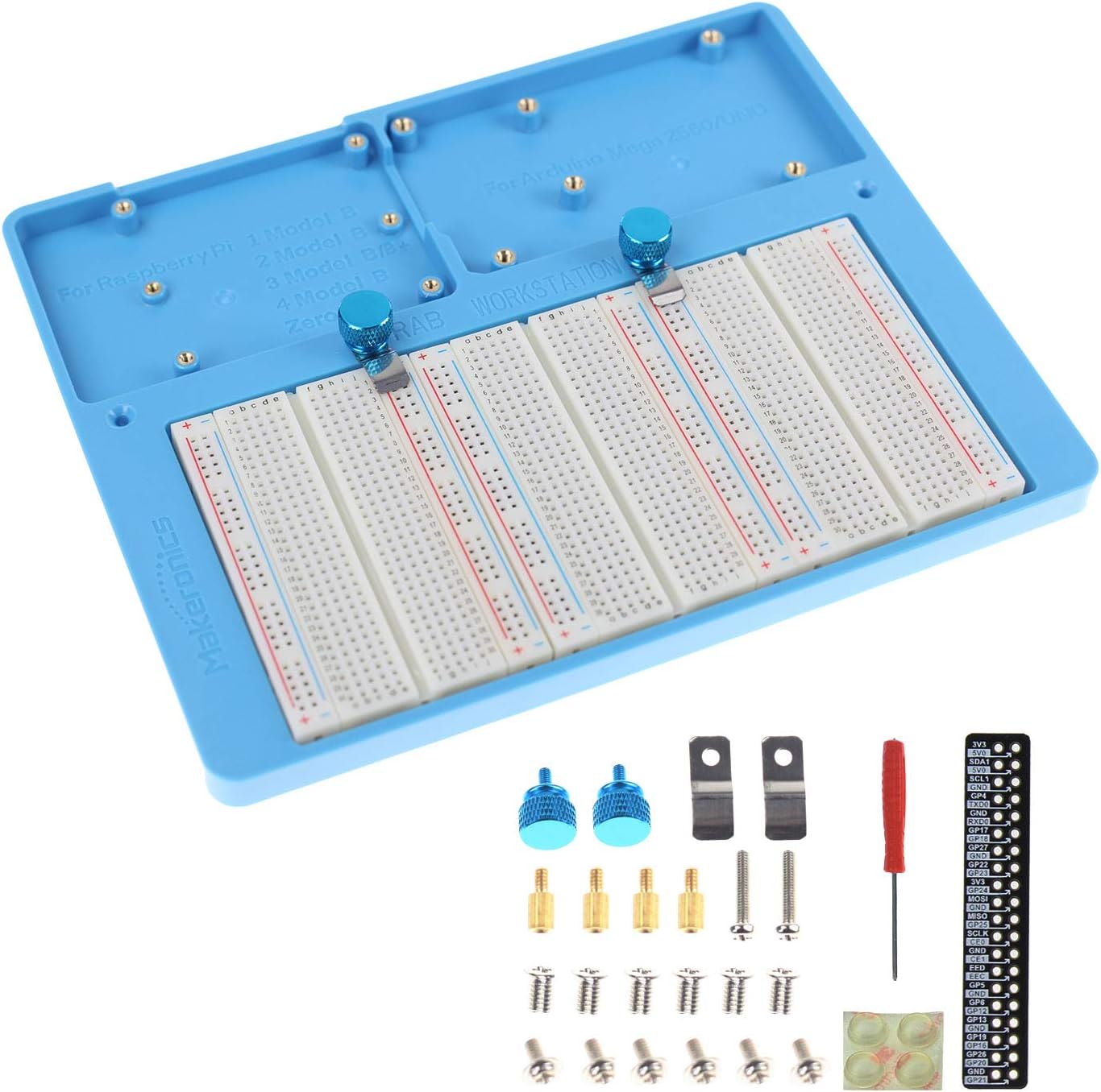 7 in 1 Blue RAB Holder and 3PCS 400 Points Solderless Breadboard | Base Plate with Rubber Feet for Raspberry Pi 4 Model B|3B+/B|2B+/B|Zero |Zero W and Arduino Mega 2560 | Uno R3