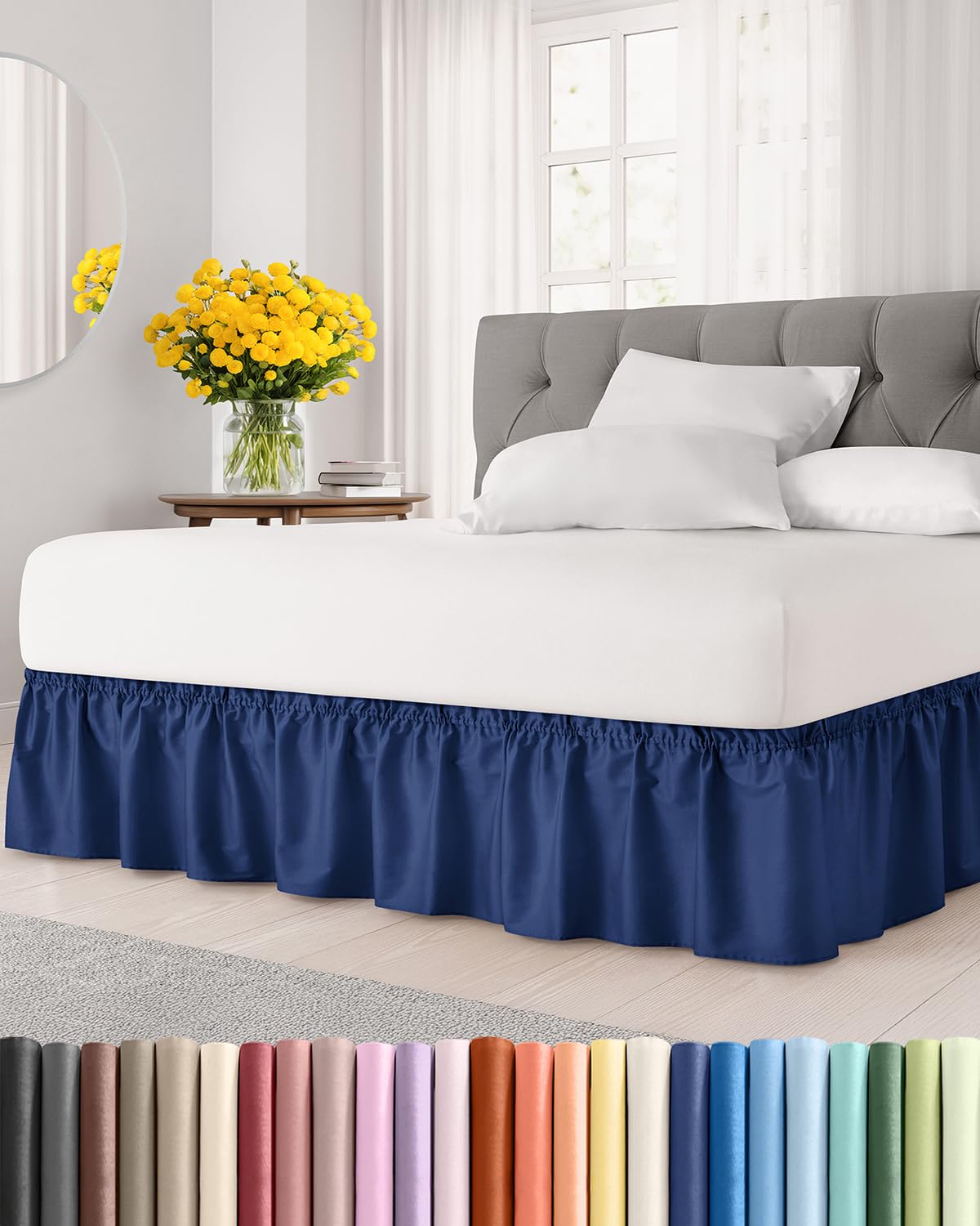 Wrap Around Dust Ruffle Bed Skirt - Navy Blue - for King Size Beds with 12 Inch Drop - Elastic Strap - Adjustable Pleated Bedskirt with Brushed Fabric