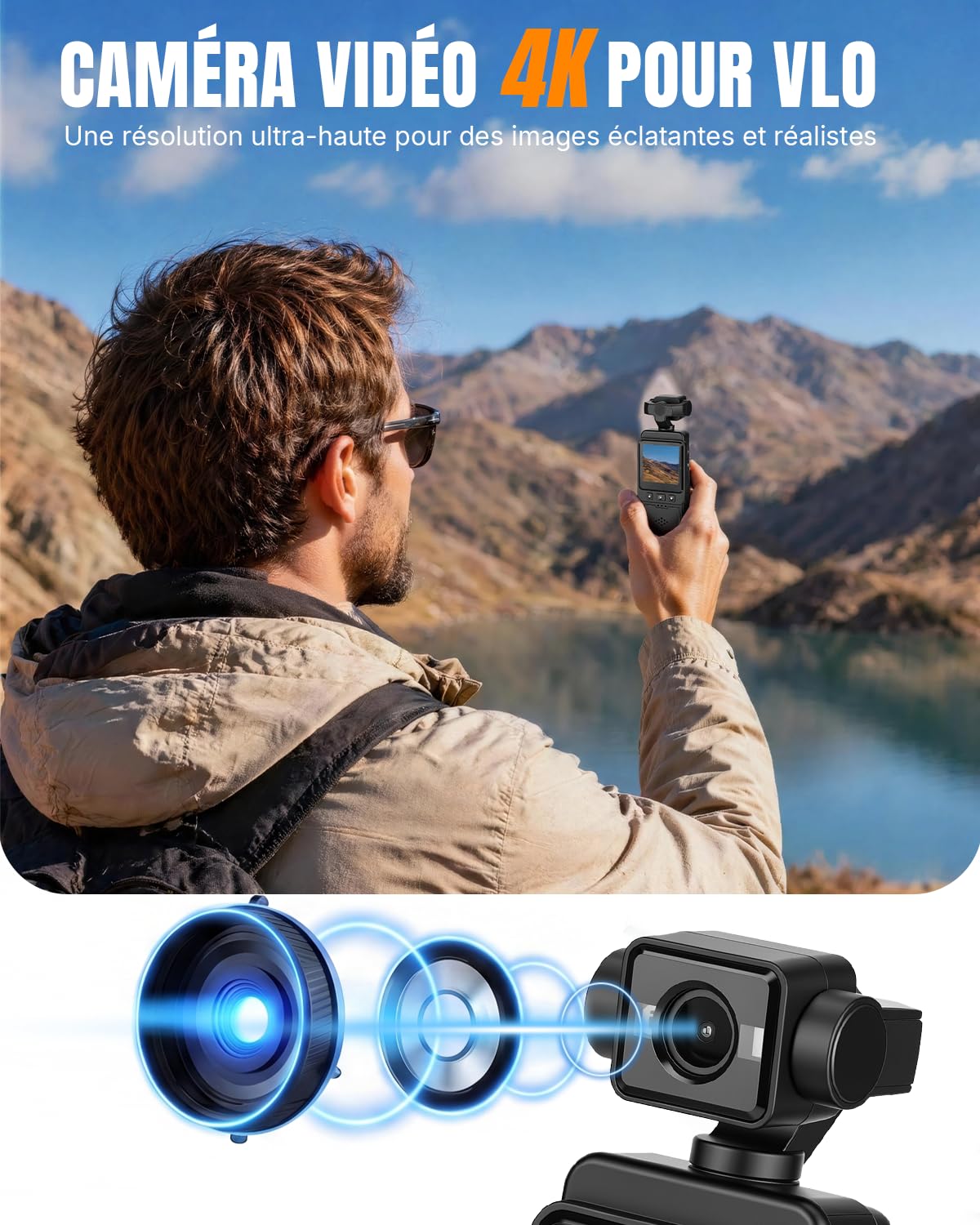 Caméra Corporelle 4K, Mini Caméra Sport avec Objectif Rotatif 270°, WiFi Portable Body Camera Pocket Vlog Camera de Corps pour Sport, Vélo, Voyage