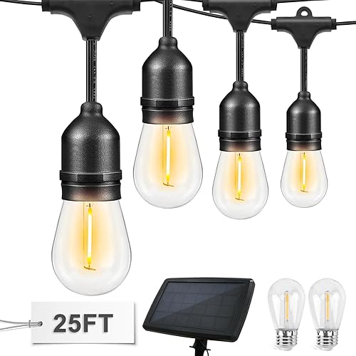 COOS BAY Tira de luces solares para exteriores G40 de 25 pies con 25 bombillas inastillables (2 de repuesto), 4 modos de iluminación para jardín,