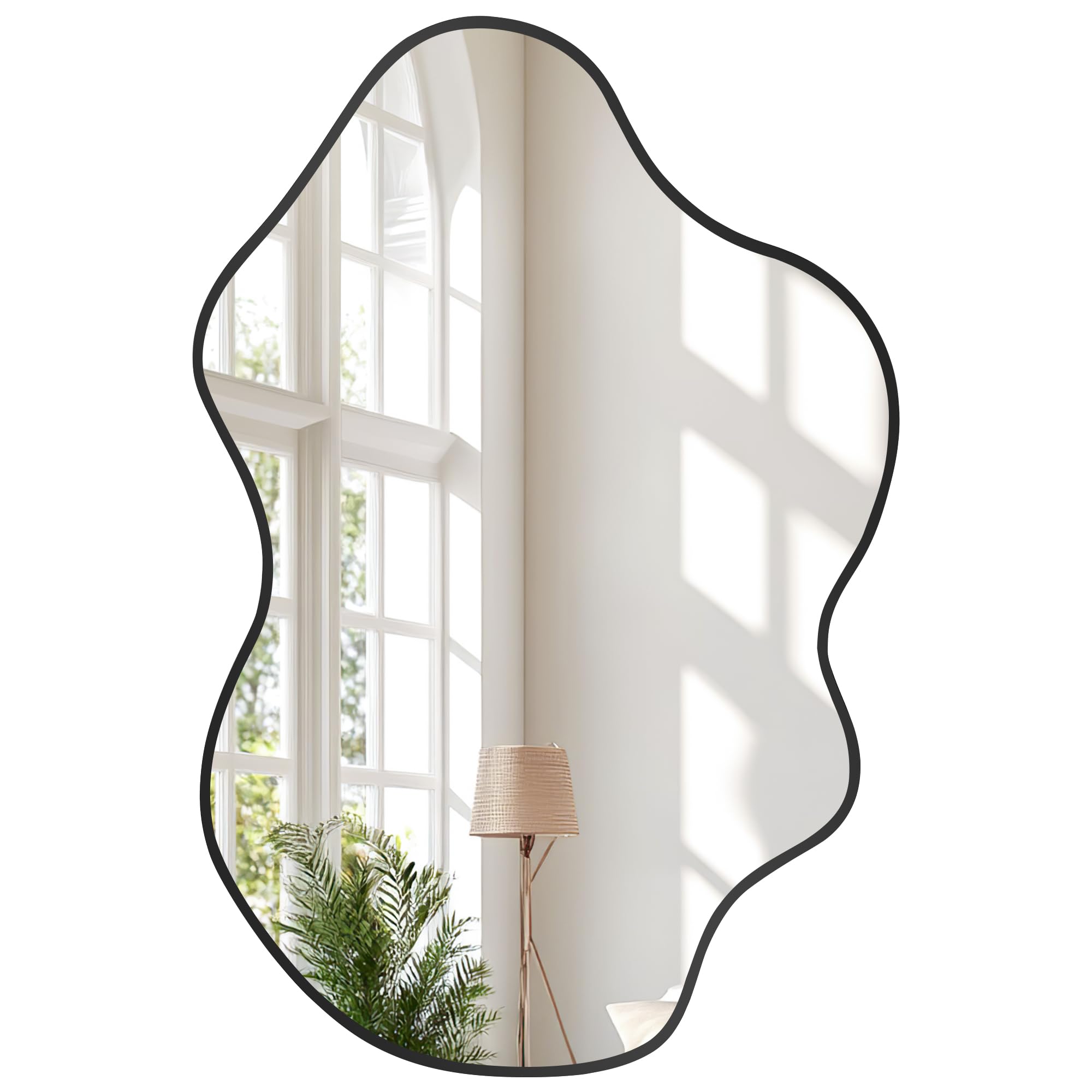 Tanmicoshomy Espejo de pared irregular de 22 x 30 pulgadas, espejo asimétrico con marco negro con vidrio templado para baño, dormitorio, sala de estar, guardarropa, entrada