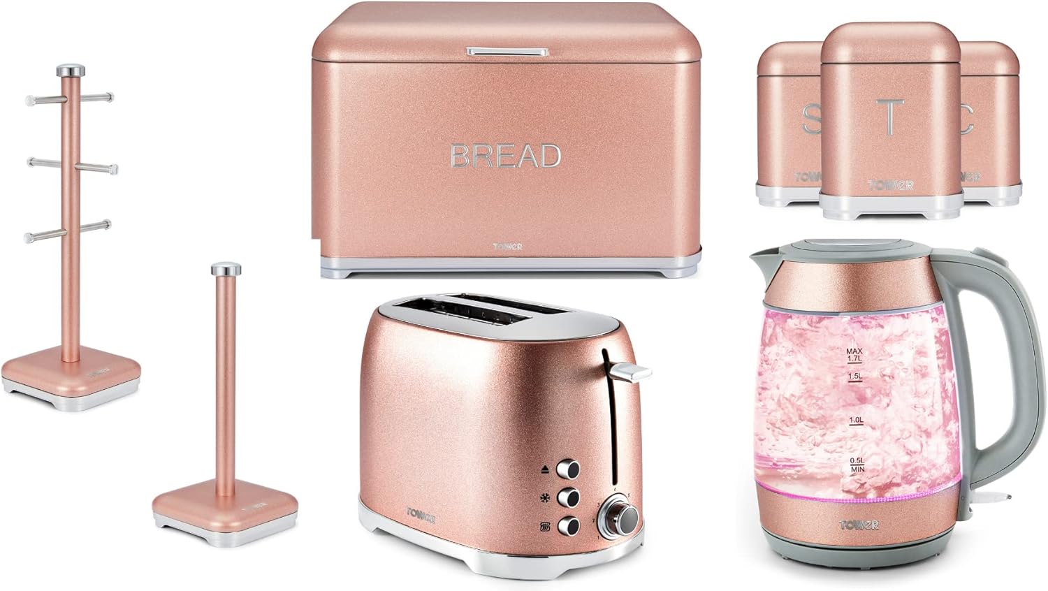 TOWER Glitz Pink 3KW 1.7L Schott Glass Kettle, 2 Slice Toaster, Bread
