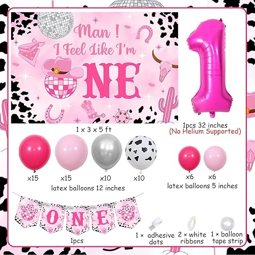 Miniatura 6 de Decoraciones de primer cumpleaños de vaquera disco con texto en inglés Man I Feel Like I'M One para decoración de fiesta, telón de fondo, globos de