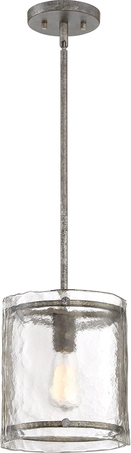 Quoizel Fortress Mini Pendant Lighting, 10 Inch 1-Light Mottled Silver Hanging Ceiling Light, Max Adjustable Height 49", Textured Glass Pendant Light for Kitchen Island, Dining, Hallway or Bedroom