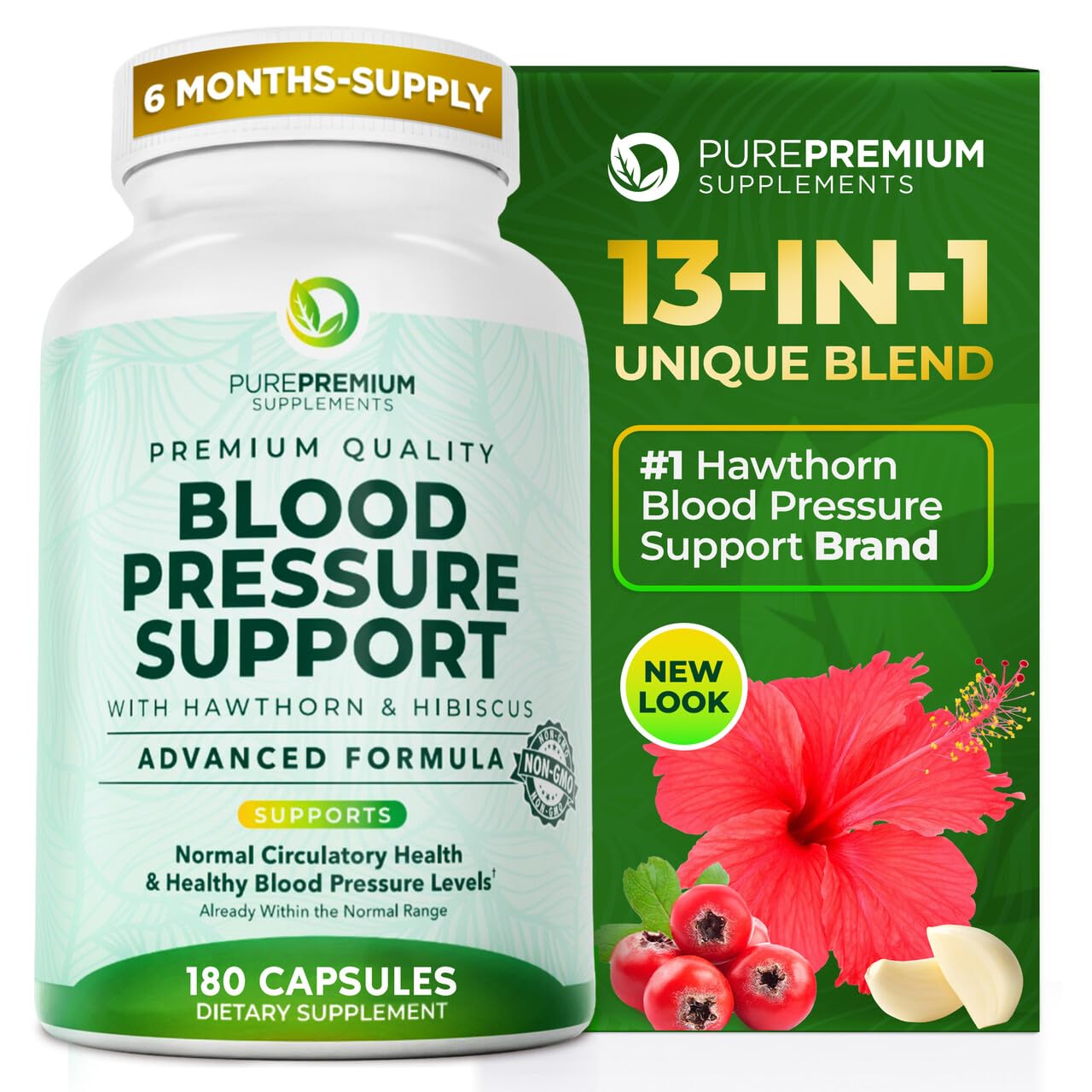 PurePremium Blood Pressure Supplements with Hawthorn Berry, Hibiscus, Garlic & Vitamin B12- Nitric Oxide Supplement for Normal Heart Health, Circulation Health & Blood Pressure Support - 180ct