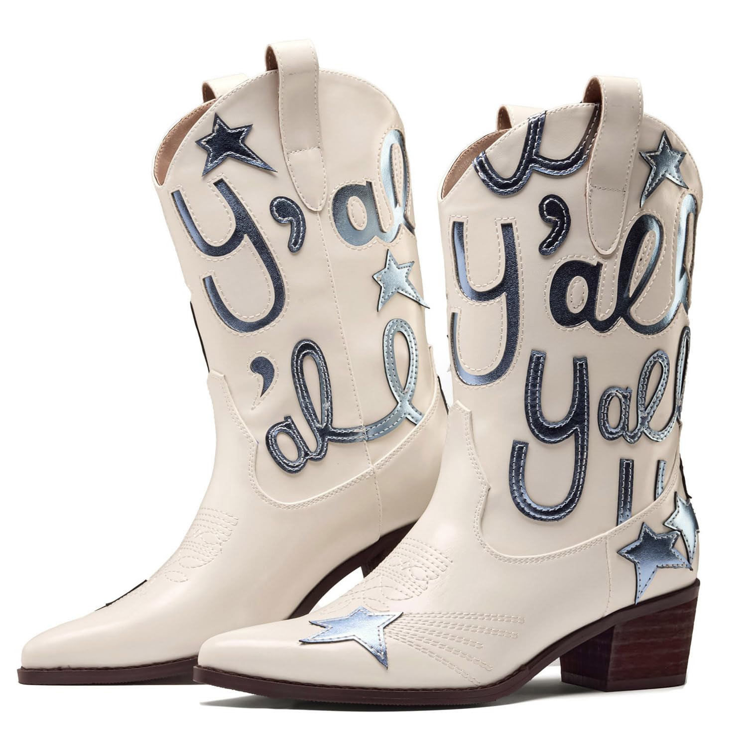 Metallic Cowboy boots for Women Embroidered Mid Calf Womens Cowgirl Boots Western Pointed Toe Chunky Heel