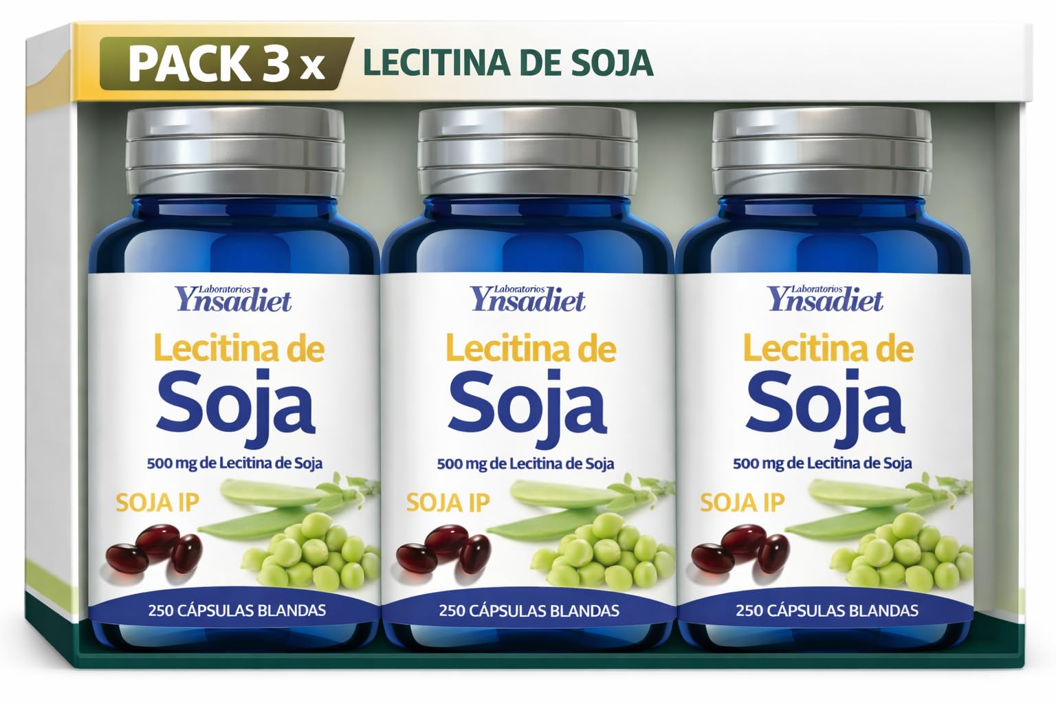 Pack 3 Lecitina de Soja IP 500 mg, 750 cápsulas blandas en total, complemento alimenticio con lecitina y aceite de soja, formato ahorro para rutina diaria