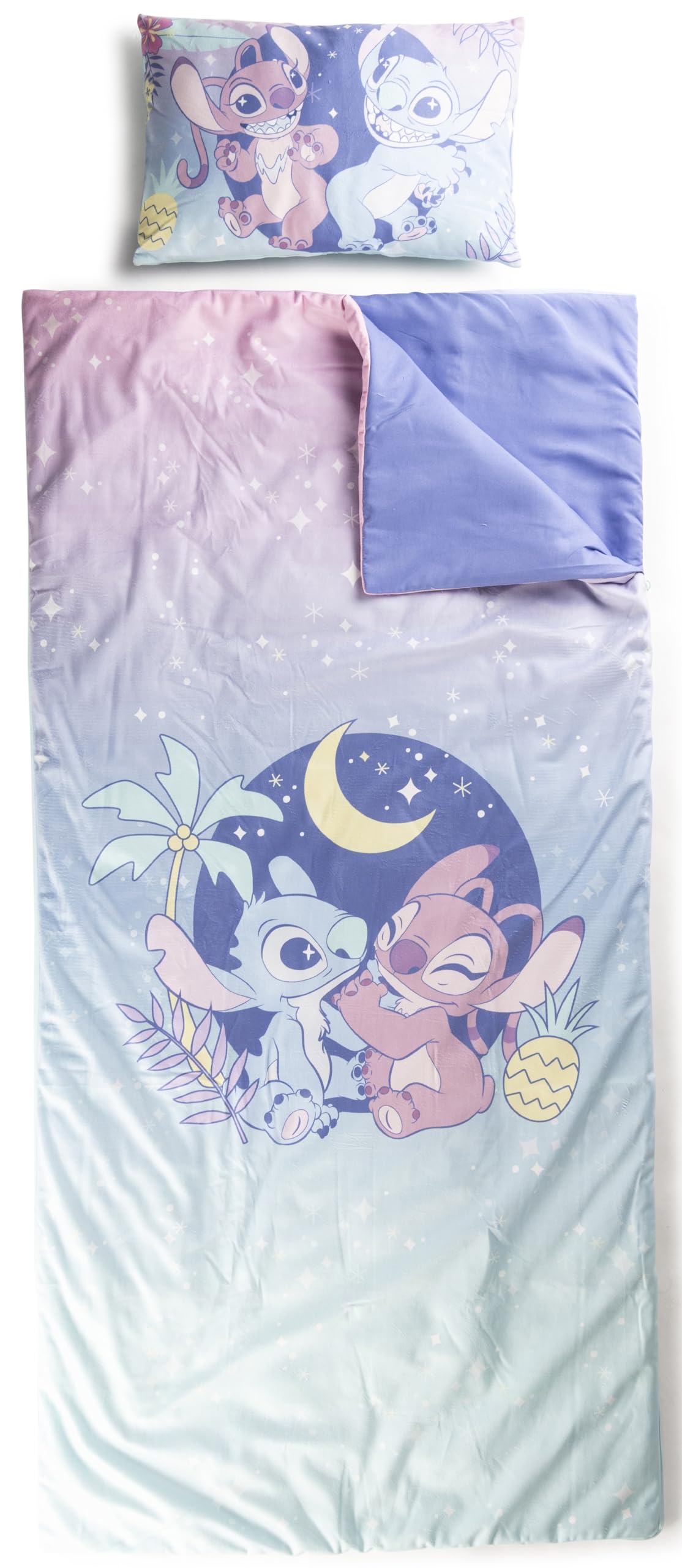 Set de 2 con Almohada y Manta de Lilo y Stitch Disney, Suave Saco de Dormir Infantil con Bolsa y Almohada, para Fiestas de Pijamas, Viajes y acampadas