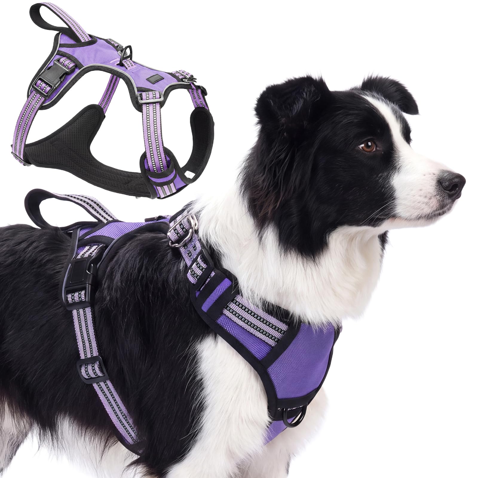 Olcyren No Pull Dog Harness with Neck Release Buckle, Anti Pull Adjustable Soft Dog Harness, Reflective No-Choke Pet Vest Harness with Handle and Front Clip for Small Medium Large Dogs (Purple, L)