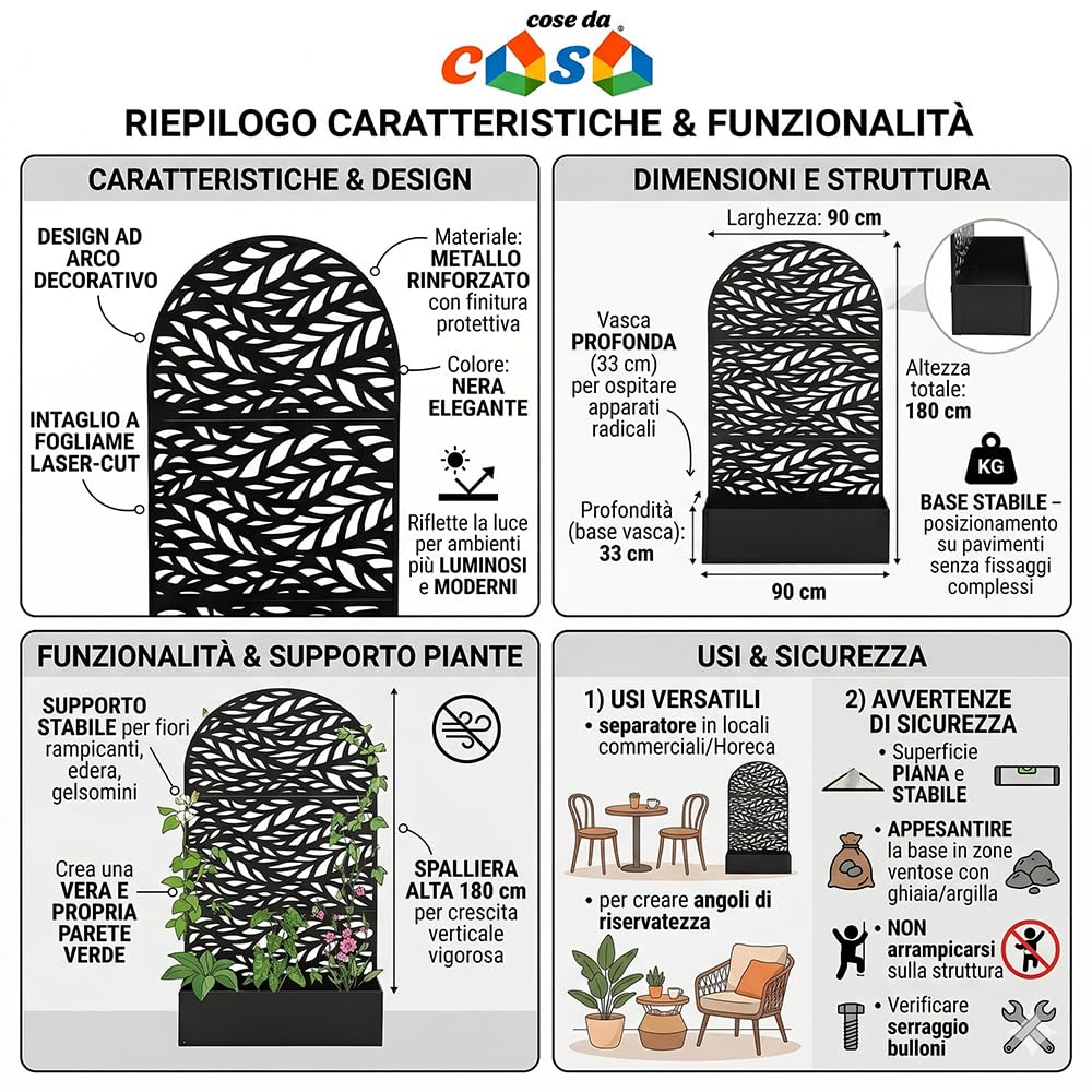 Fioriera in Metallo Bianca con Spalliera ad Arco per Piante Rampicanti Pannello Divisorio Privacy e Separatore per Esterno e Interno L90xP33x alta 180 cm Design Elegante e Moderno separe'