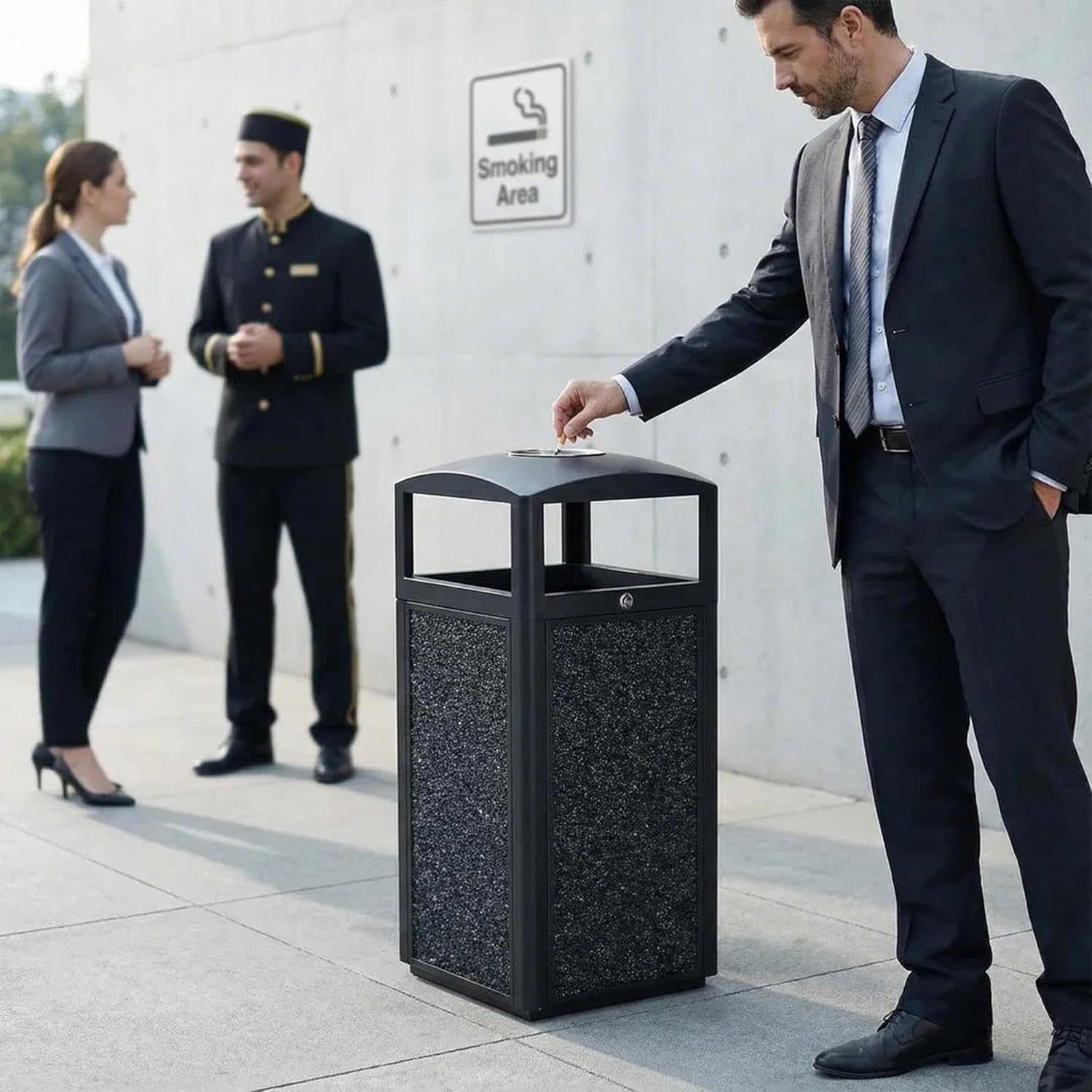 Outdoor Commercial Trash Can with Lid, Heavy Duty Waste Container with Stone Panels,Removable Metal Inner Bucket, Commercial Gabage can with Top Tray for Parks and Public Spaces