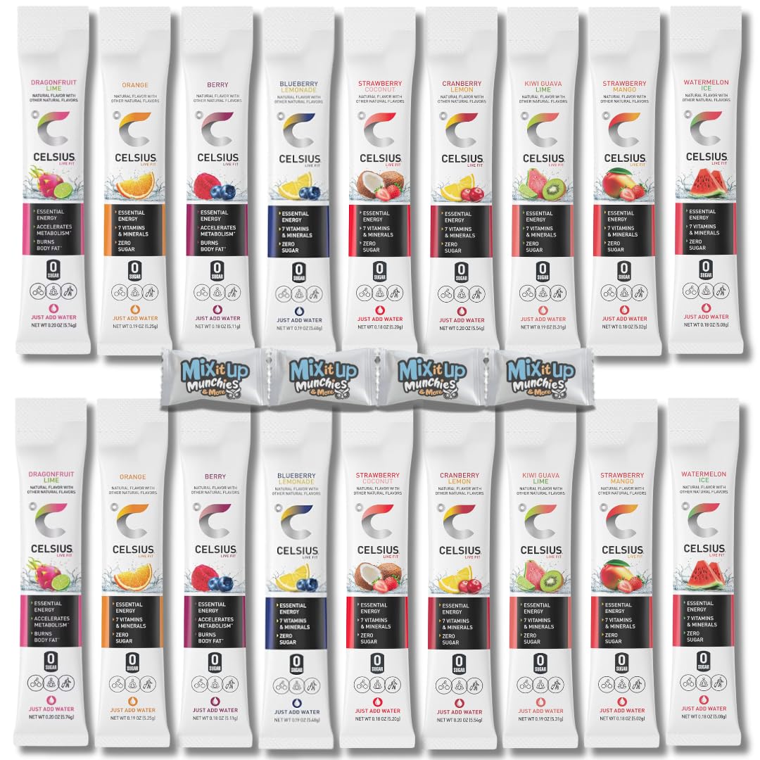On the Go Energy Powder Variety Packets – 9 Top Flavors 18 Energy Drink Packets for Energy and Hydration | Orange, DragonFruit Lime, Watermelon Ice, Strawberry Mango, Cranberry Lemon, Kiwi Gauva Lime, Strawberry Coconut, Berry, Blueberry Lemon | In Mix It Up Munchies Packaging | Great for Healthy Gift Box