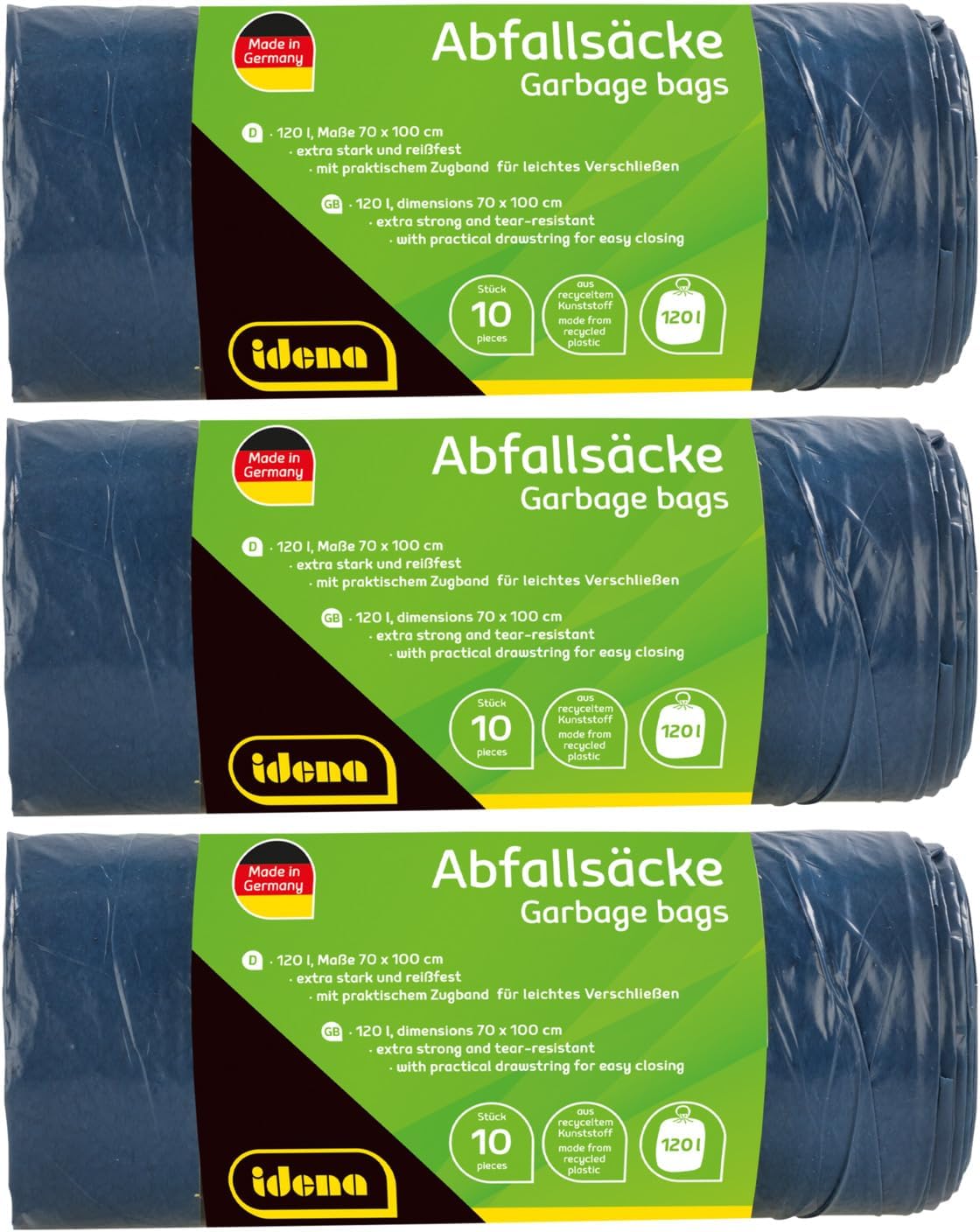Idena 50056-3 Rubbish Bags Set, 3 Rolls of 10 Pieces, Blue, 120 Litres, 40µ Extra Strong and Tear-Resistant, with Practical Drawstring, Drawstring Bags