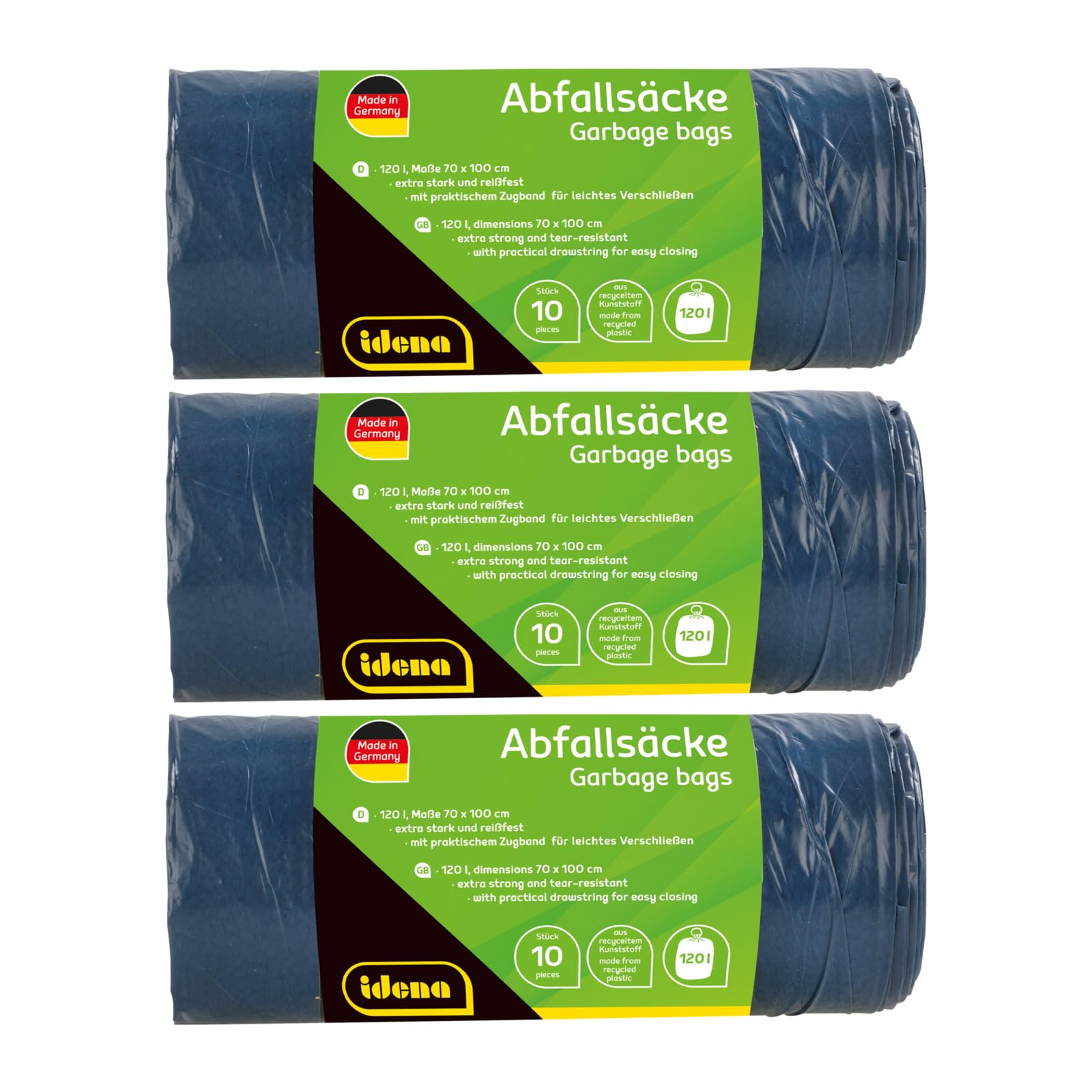Idena 50056-3 Rubbish Bags Set, 3 Rolls of 10 Pieces, Blue, 120 Litres, 40µ Extra Strong and Tear-Resistant, with Practical Drawstring, Drawstring Bags