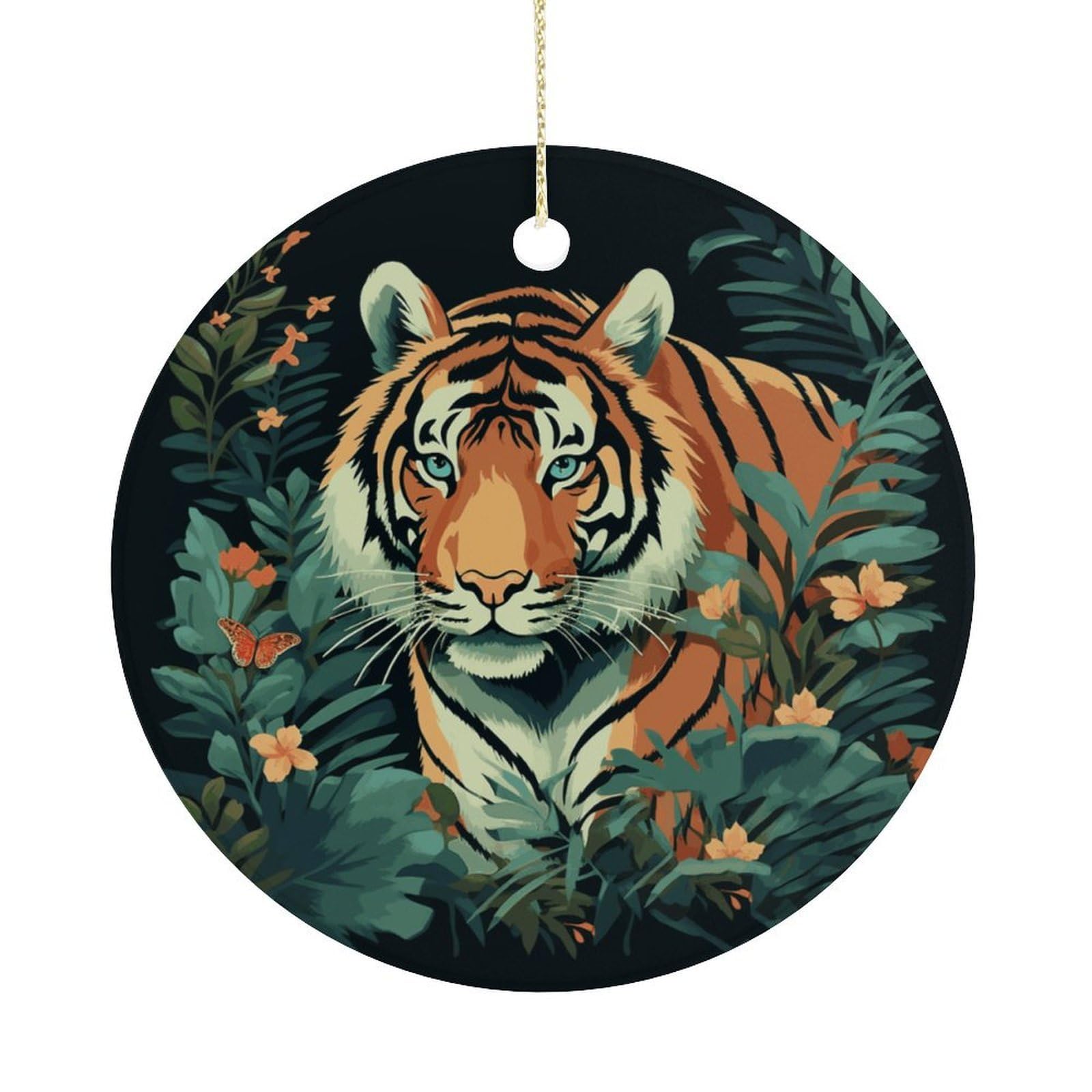 Butterfly and Tiger Christmas Ornaments Colorful Round Ceramic Ornament Christmas Hanging Decor Christmas Tree Decorations Xmas Keepsake for Women Men Xmas Holiday Party