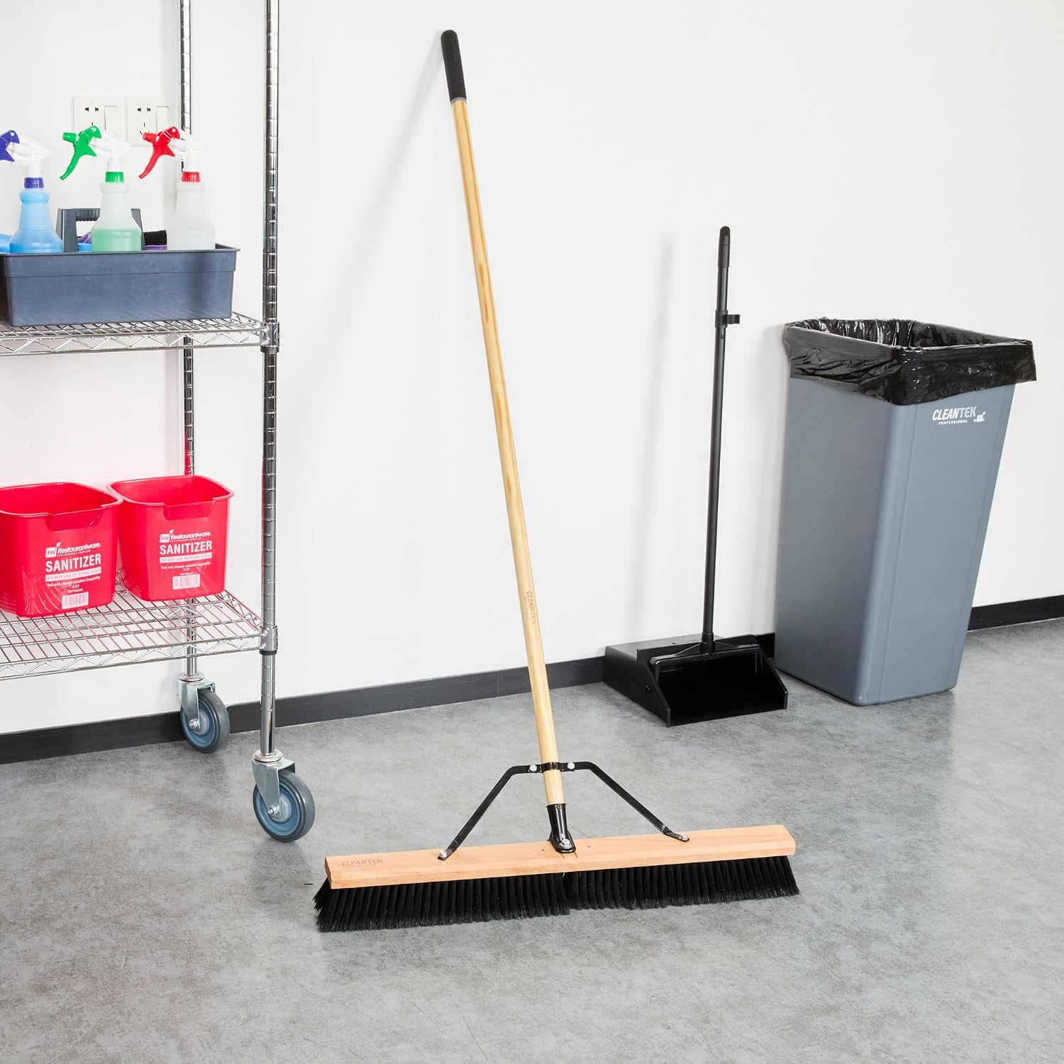 Restaurantware-Clean Tek Professional 30 Inch Push Broom, 1 Heavy-Duty Broom with 60â€ Handle - Fine Plastic Bristles, Durable, Wooden, Commercial Use, for Deck, Driveway, Garage, Yard, Patio
