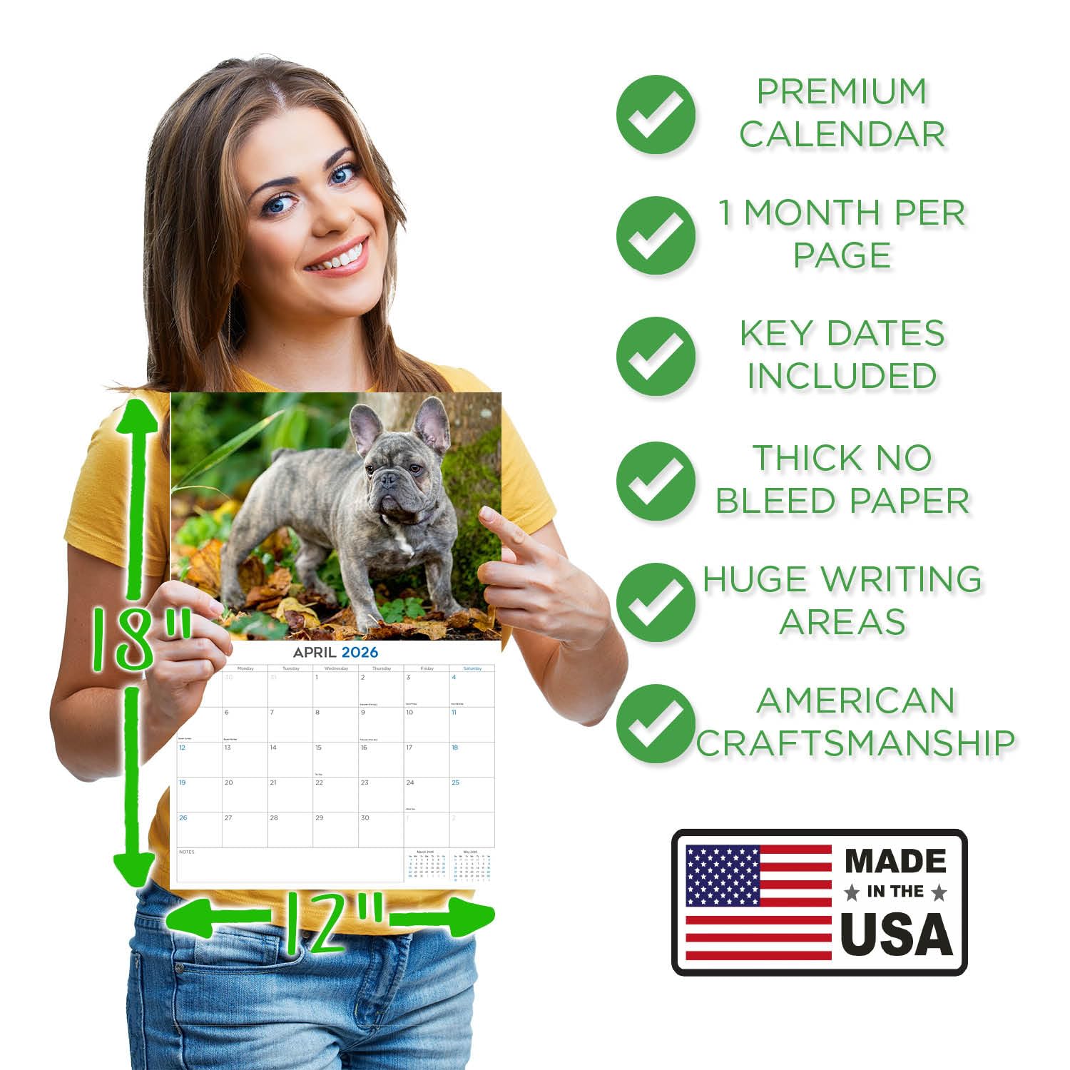 Calendario de bulldog francés 2024 2025 – Calendario mensual de pared de raza de perro – 12 x 18 pulgadas abierto – Papel grueso que no se corre – Regalo – Calendario académico para profesores,