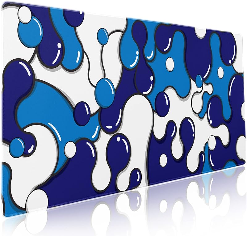 Navy Blue White Mouse Pad Anime Cool Geometric Japanese Extended Desk Mat 90X40 CM Non-Slip Rubber Base Stitched Edge Large XXL Mousepad for Gaming Laptop Computer Desktop 35.4×15.7 Inch