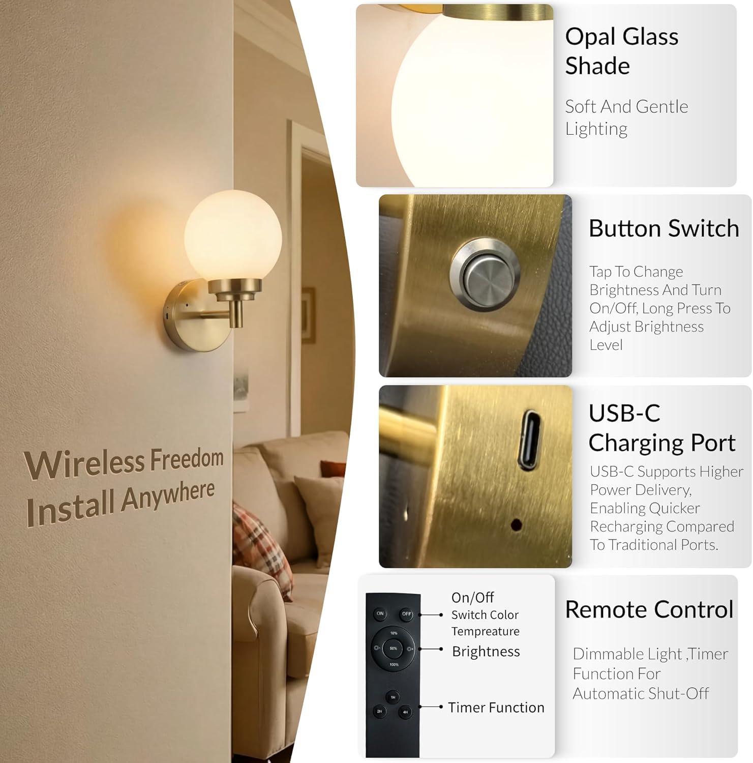 Set of 2 Rechargeable Wall Sconces with Remote, 3-Color Temperature & Dimmable, Modern Gold Cordless Wall Lights with Opal Glass Globe Shade