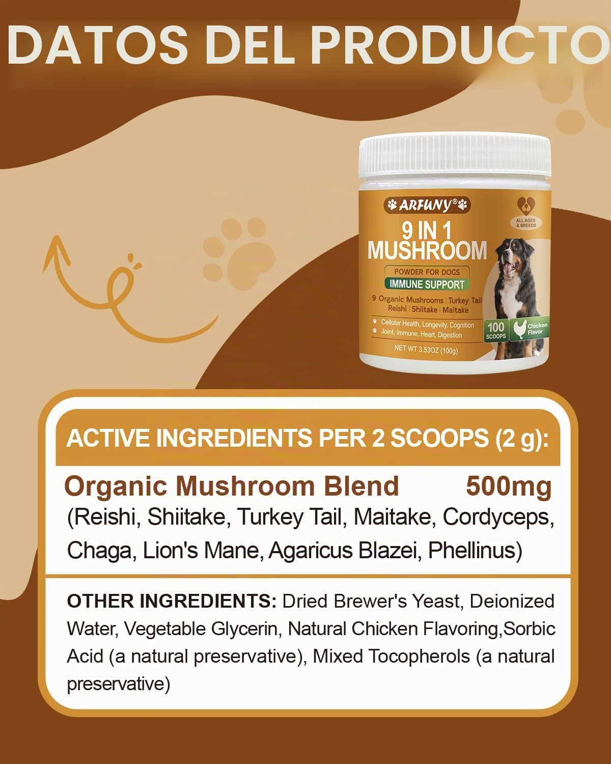 9 en 1 Hongos para Perros, Apoyo inmunitario, Polvo con Sabor a Pollo | Suplemento de hongos para perros, Sistema digestivo, piel, articulaciones, con 9 hongos