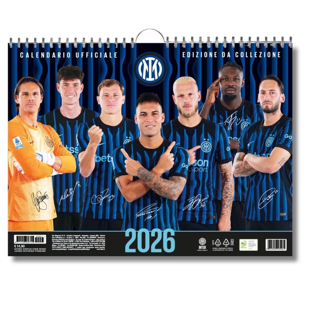 EURO PUBLISHING Calendrier horizontal Inter 2026 - Édition de collection - 44 x 33 cm - Produit officiel - Langue Italienne