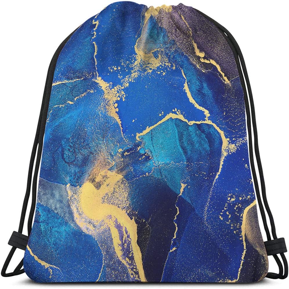 Abstract Art Drawstring Bags Backpack Bag Marble Dye Color Blue Golden Art Painting Brush Acrylic Artwork Sport Gym Sack Drawstring Bag String Bag Yoga Bag for Men Women