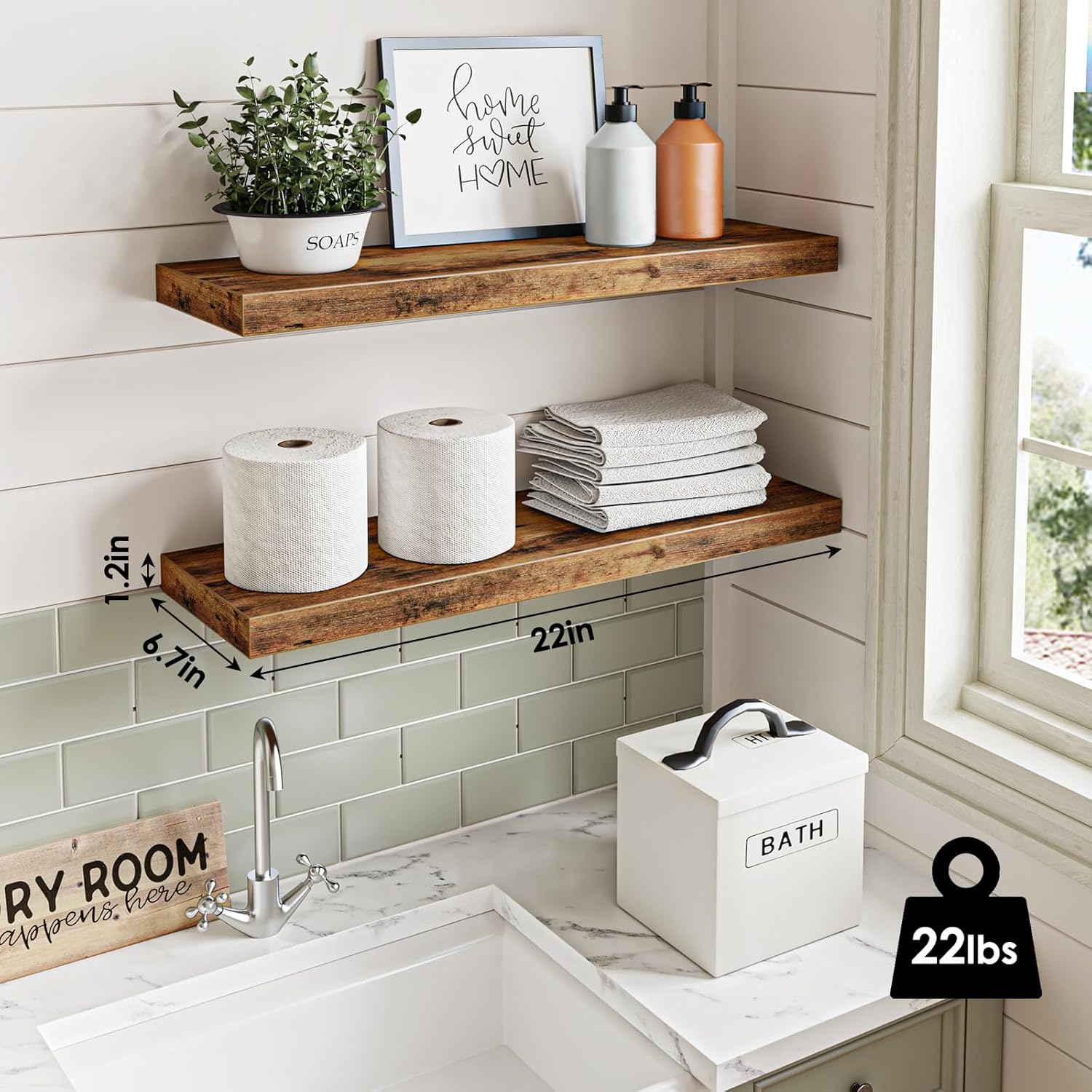 Fixwal Wood Floating Shelves for Wall, 22" Long Wall Mounted Shelves for Living Room, Bedroom, Bathroom and Kitchen, Wall Shelves for Storage, Books, Room Decor (Rustic Brown, Set of 2)