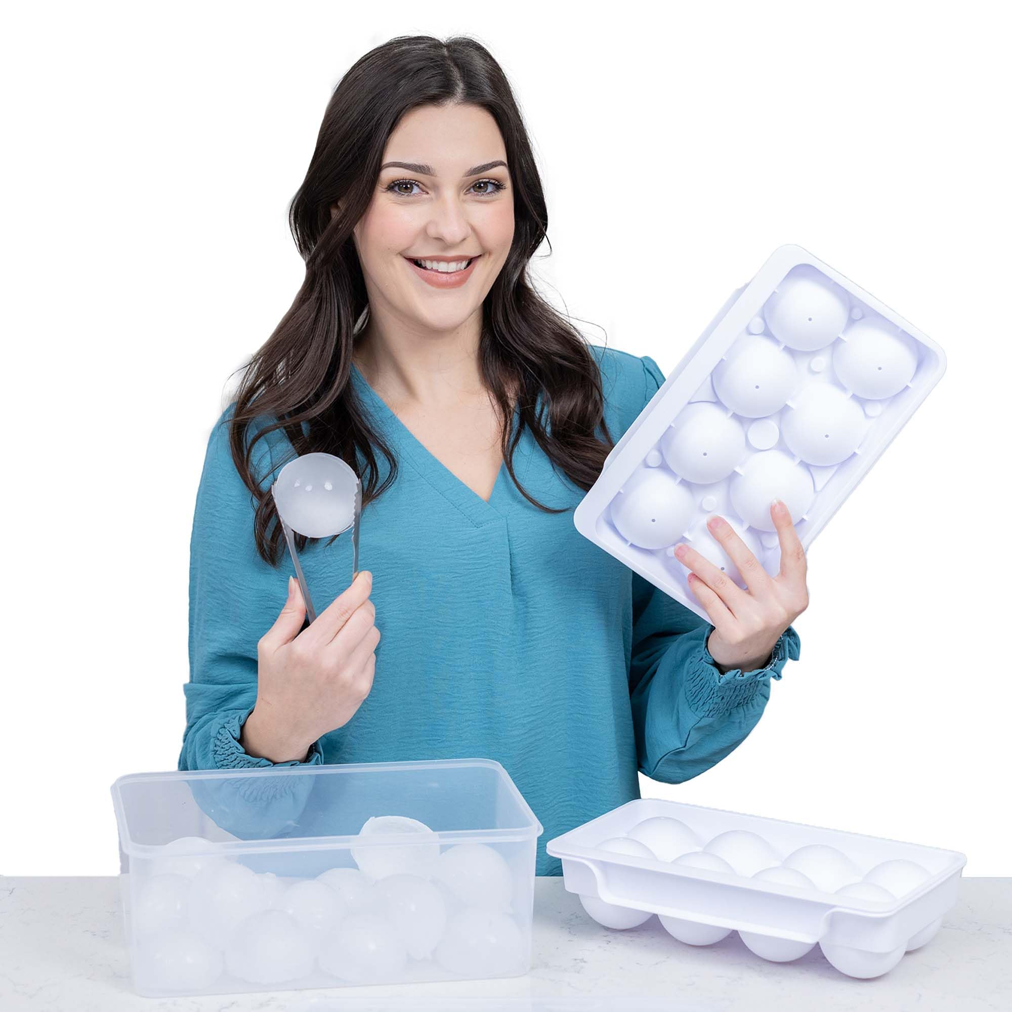 (2 Pack) Sphere Ice Cube Tray Large (2.5 inches) (Tong + Box) (8 Cavities), Round Ice Cube Trays for Freezer, BPA Free Round Ice Cube Make for Whiskey, Cocktails, Ice Coffee, Easy to Use & Clean