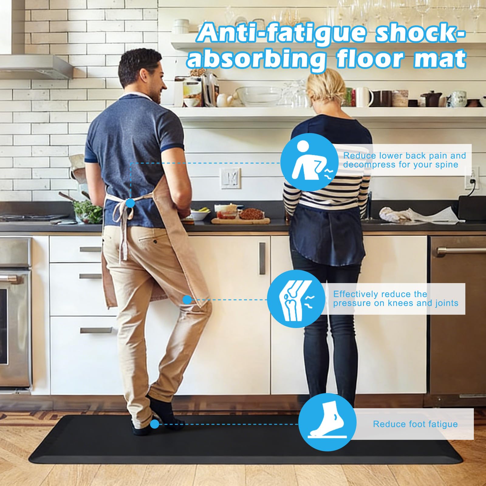 Tapis de cuisine rembourré anti-fatigue de 1,27 cm, 44 x 120 cm, tapis de sol antidérapant en mousse à mémoire de forme, pour bureau, cuisine, soulage la fatigue des jambes et les maux de dos