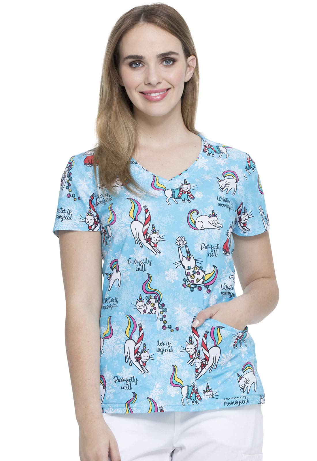 EDS V-Neck Scrub Top, S, Cool Caticorn