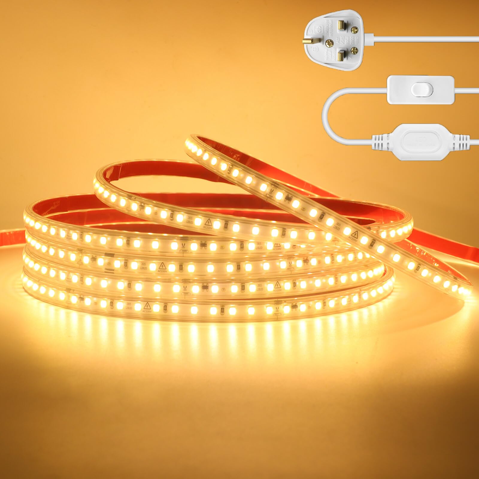 KAFULA 220V LED Strip Light with On/Off [21M,Warm White 3000-3500K],IP65 Waterproof Flexible SMD2835 LED Fairy Lights CRI85+,Every 10cm can be Cut,Bedroom Kitchen Corridor Decoration